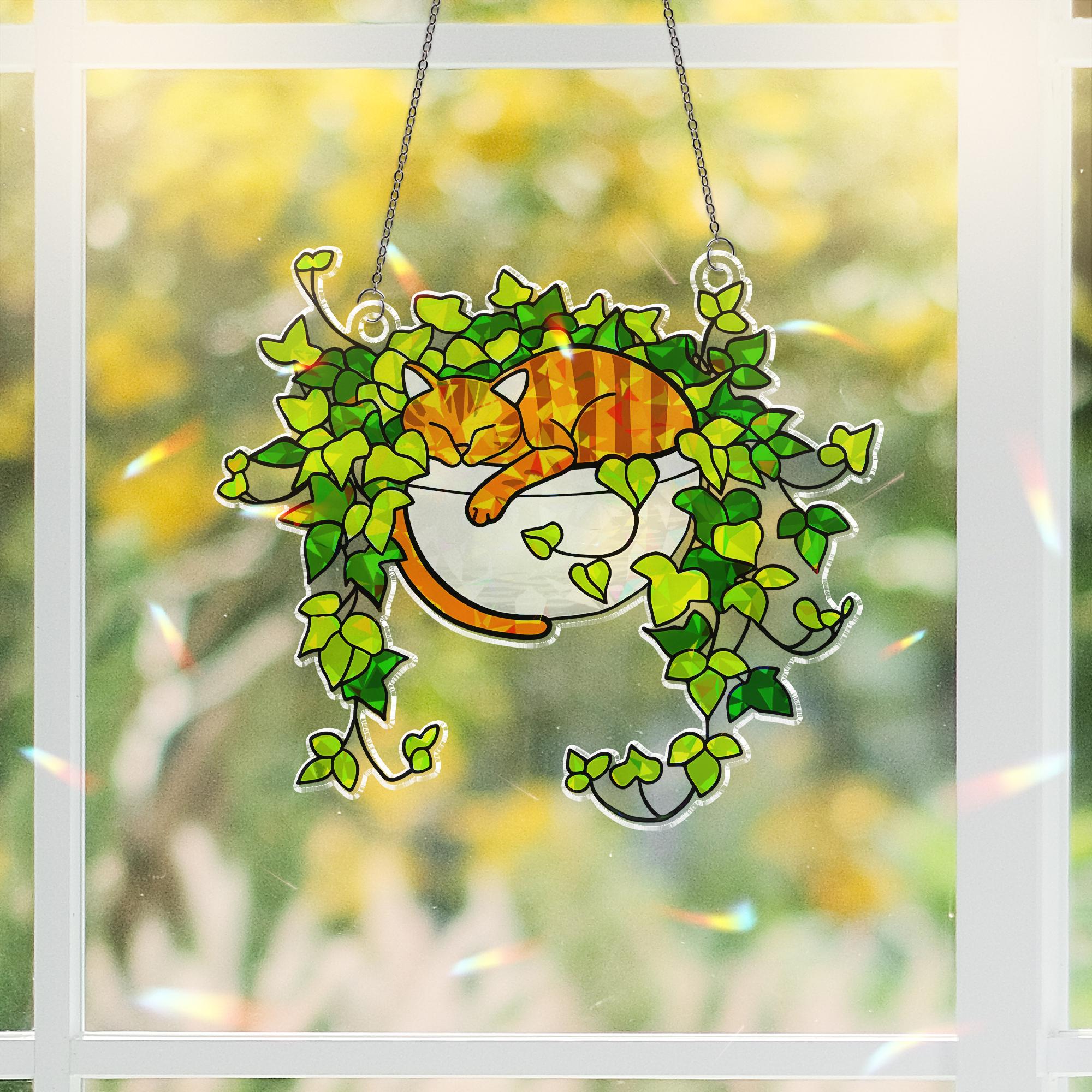Orange Cat Sleeping on Ivy Hologram Ornament | Cat ACRYLIC Window Hanging | Plant Lover Gift, Ivy Plants Decor, Cozy Cat Decor, Gift For Mom