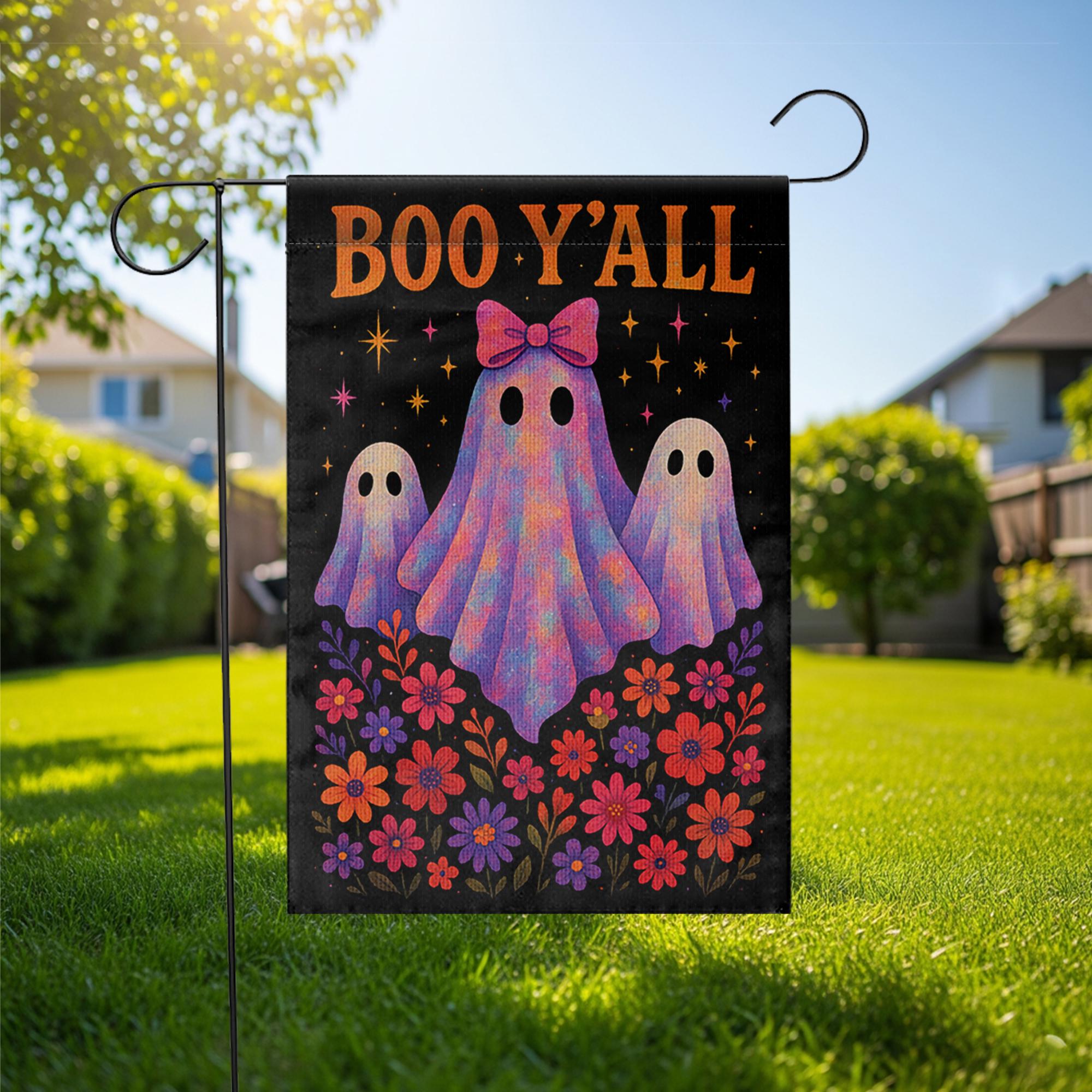 Boo Y'all Halloween Garden Flag, Cute Ghost Yard Decor, Southern Spooky Fall Flag, Floral Halloween Porch Sign, Outdoor Decoration
