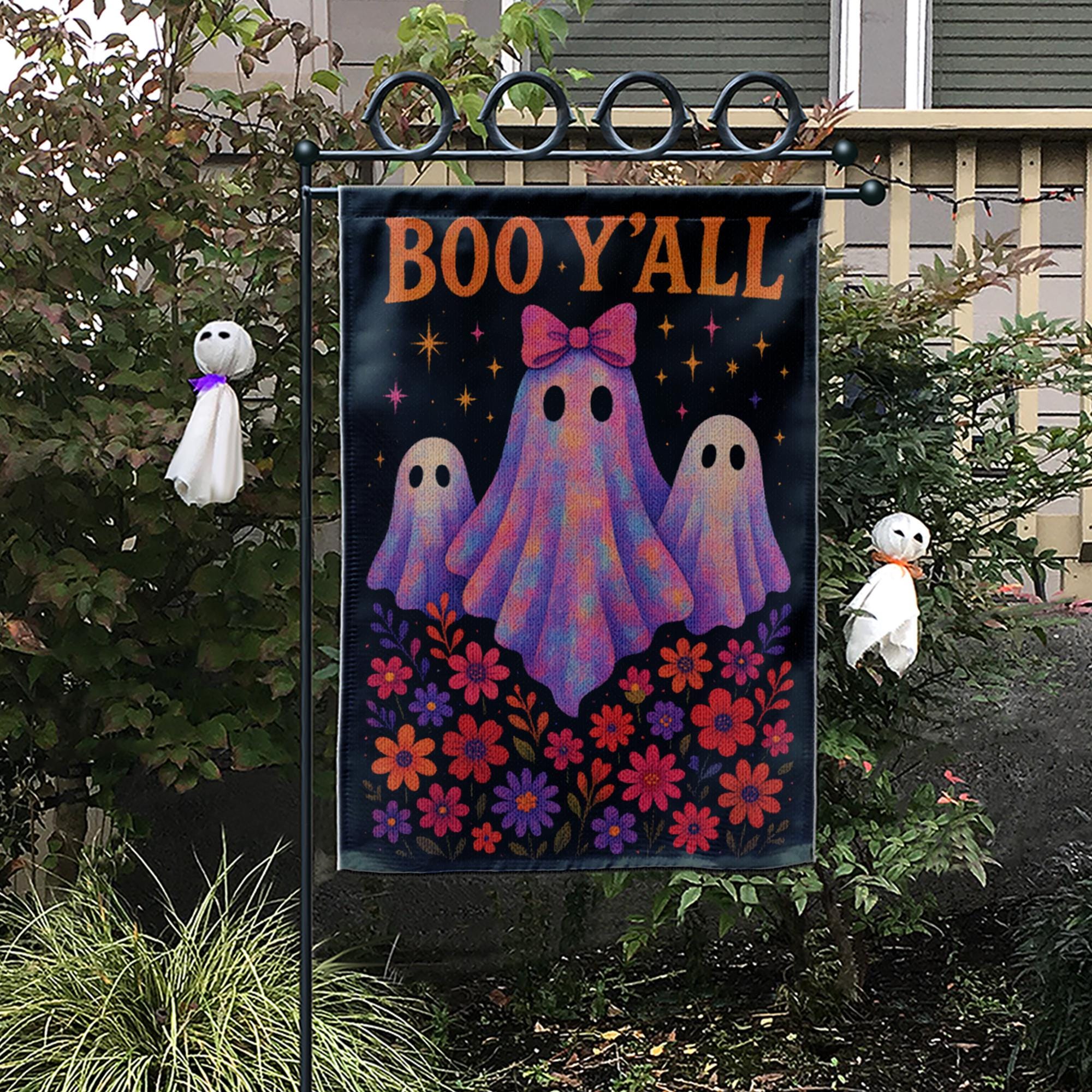 Boo Y'all Halloween Garden Flag, Cute Ghost Yard Decor, Southern Spooky Fall Flag, Floral Halloween Porch Sign, Outdoor Decoration