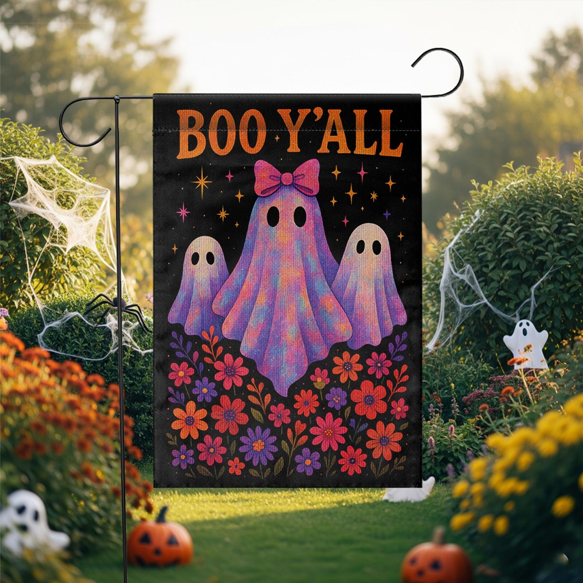 Boo Y'all Halloween Garden Flag, Cute Ghost Yard Decor, Southern Spooky Fall Flag, Floral Halloween Porch Sign, Outdoor Decoration