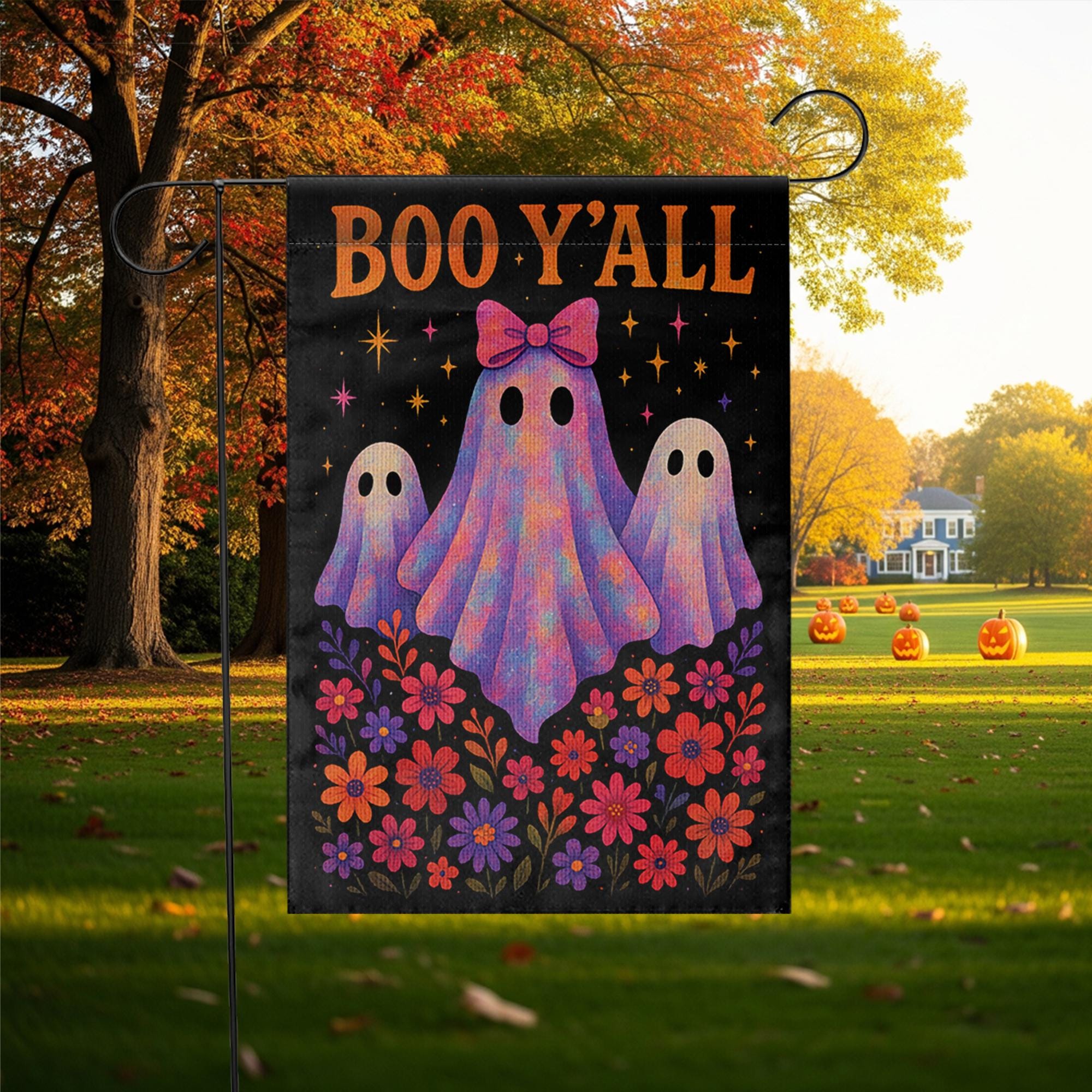 Boo Y'all Halloween Garden Flag, Cute Ghost Yard Decor, Southern Spooky Fall Flag, Floral Halloween Porch Sign, Outdoor Decoration