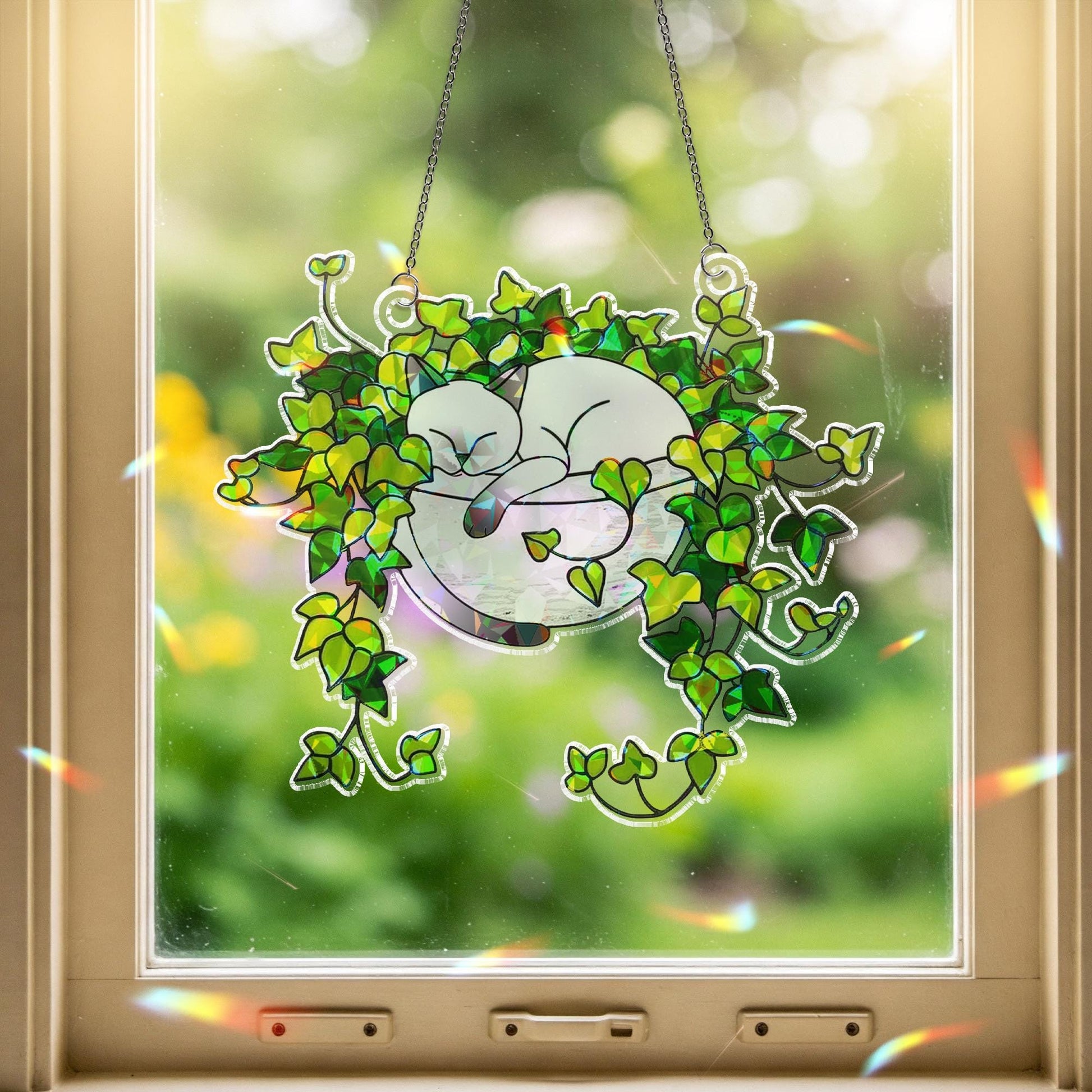 Siamese Cat Sleeping on Ivy Hologram Ornament | Cat ACRYLIC Window Hanging, Plant Lover Gift, Ivy Plants Decor, Cozy Cat Decor, Gift For Mom