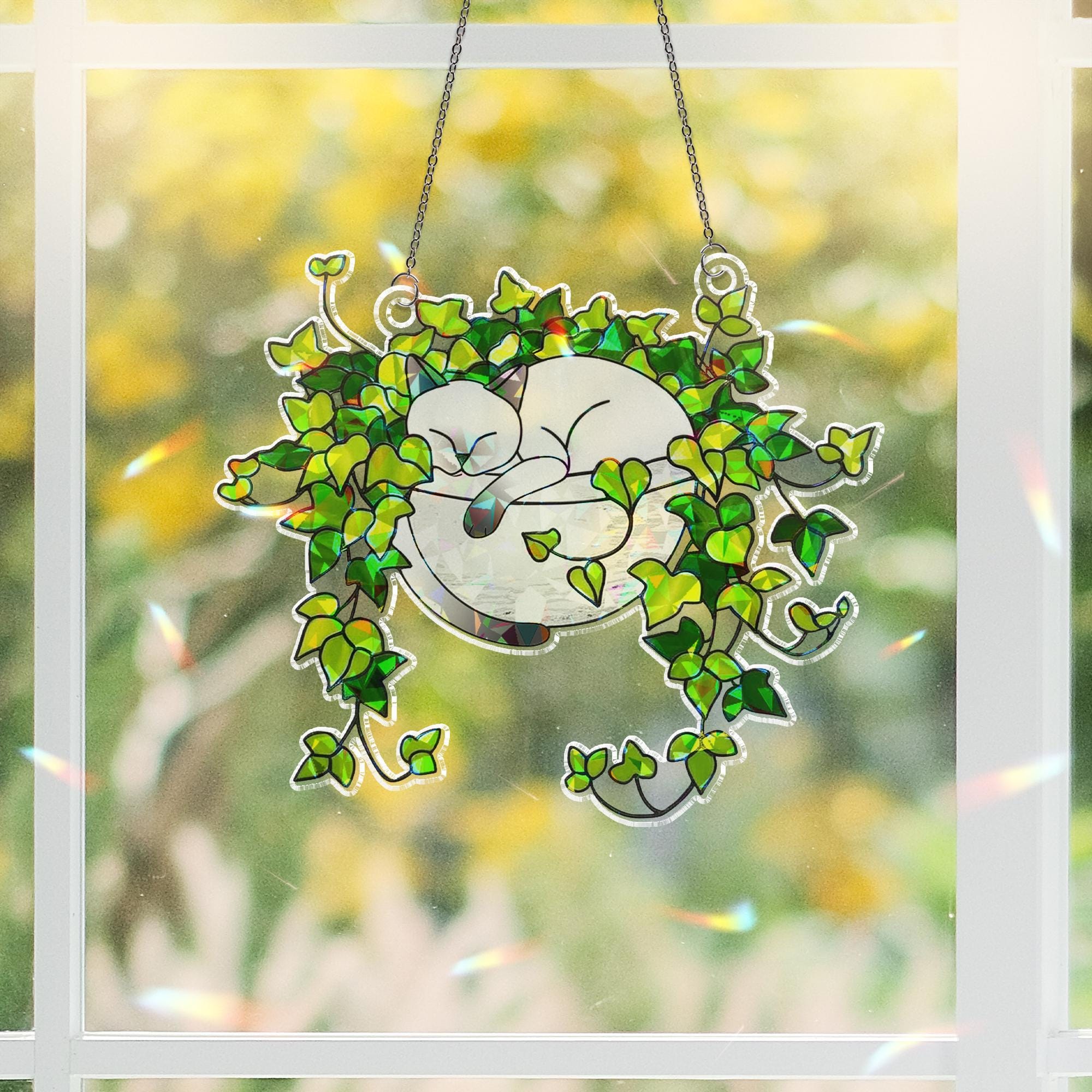 Siamese Cat Sleeping on Ivy Hologram Ornament | Cat ACRYLIC Window Hanging, Plant Lover Gift, Ivy Plants Decor, Cozy Cat Decor, Gift For Mom