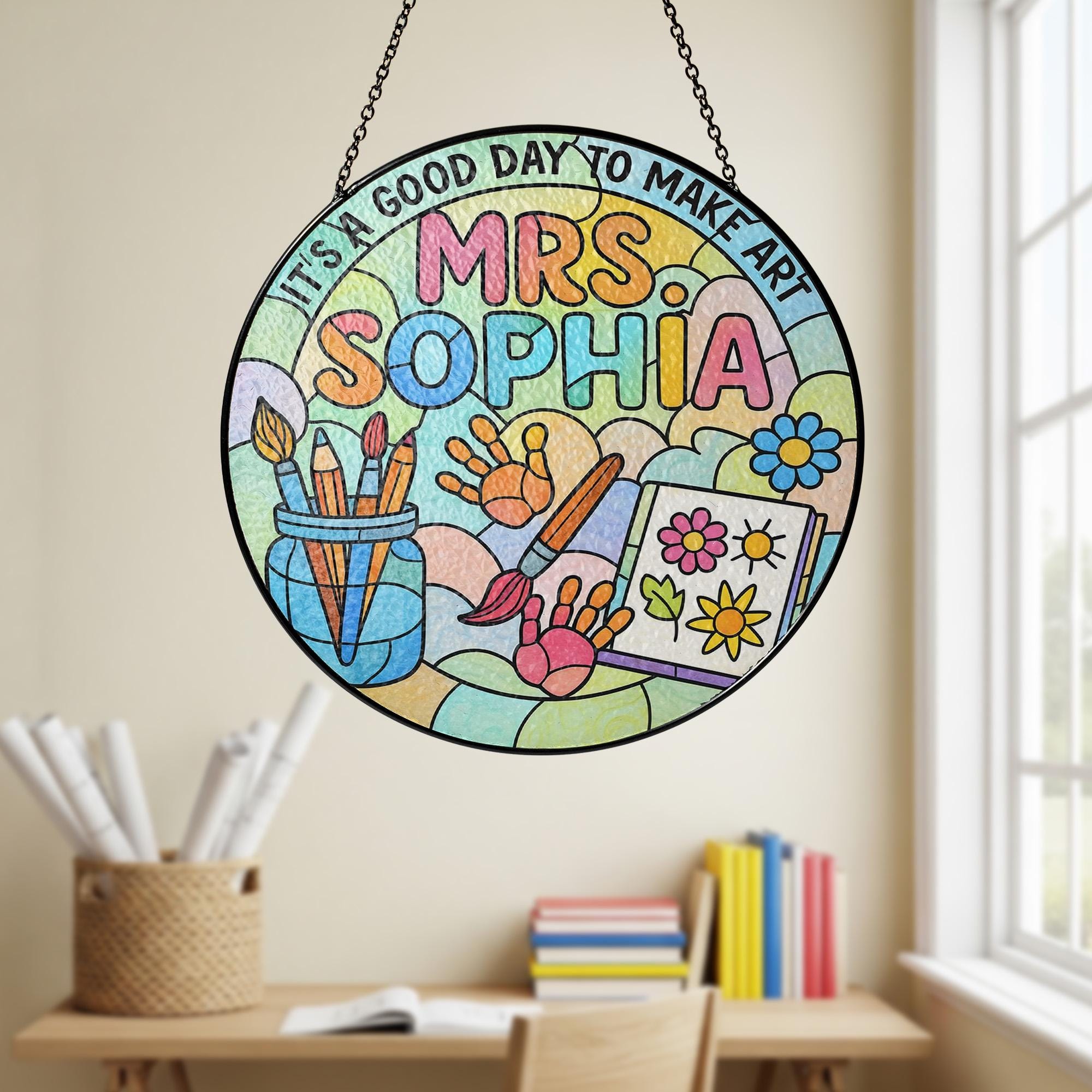 Personalized Art Teacher Glass Suncatcher – Custom Classroom Window Hanging Gift, “It’s a Good Day to Make Art” Sign, Teacher Appreciation