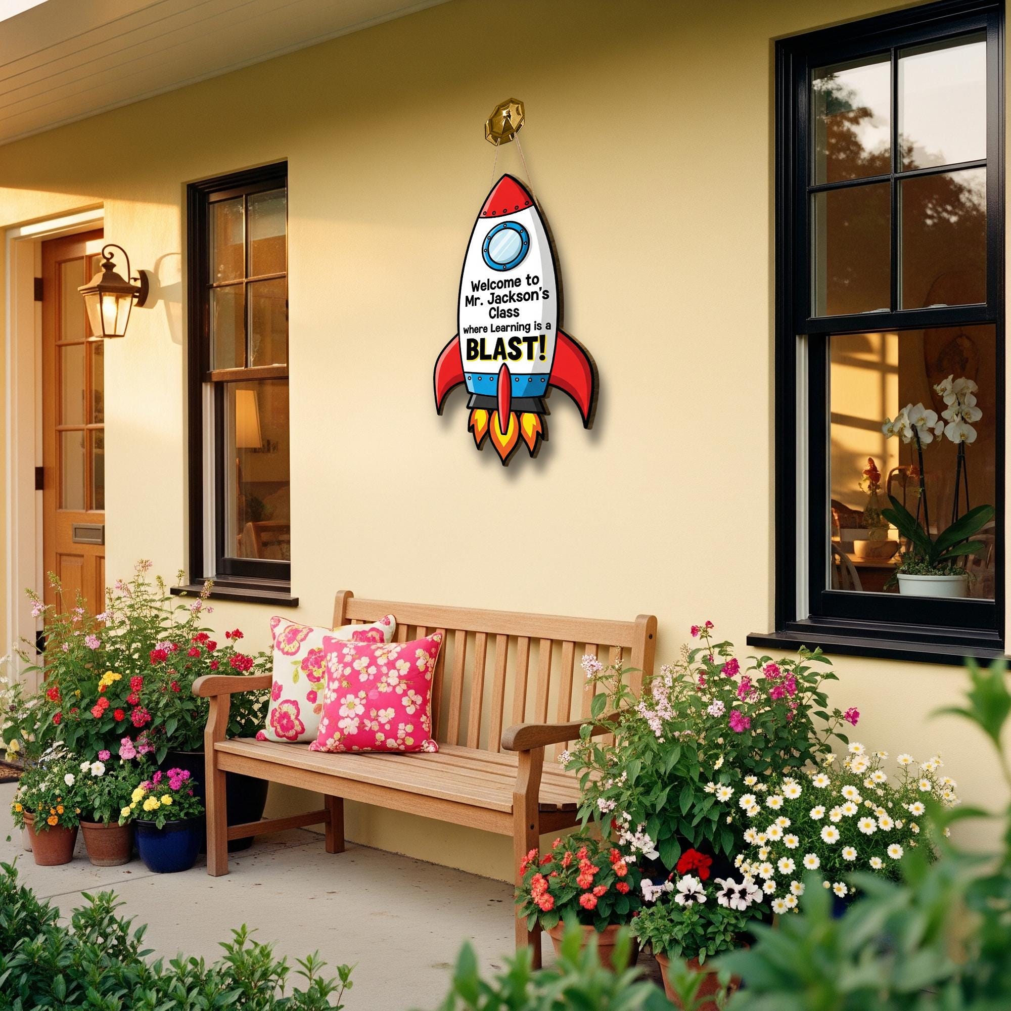 Rocket Classroom Door Sign | Teacher's Class Decor | Space Theme Teacher Welcome Sign | Learning is a Blast Back to School Gift, Space Sign
