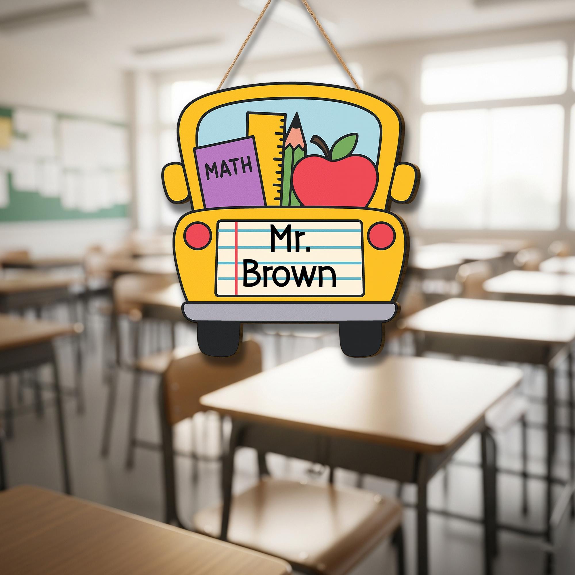 School Bus Classroom Door Sign | Custom Teacher Name Sign for Teachers, Educators | Back to School Math Decor with Apple and Supplies