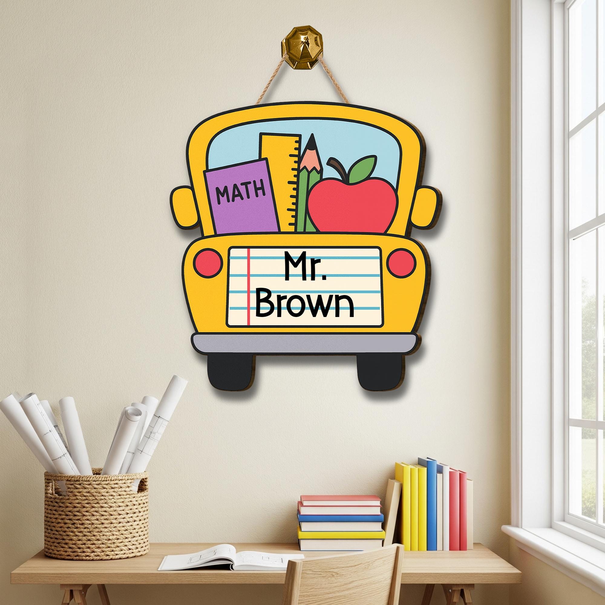 School Bus Classroom Door Sign | Custom Teacher Name Sign for Teachers, Educators | Back to School Math Decor with Apple and Supplies