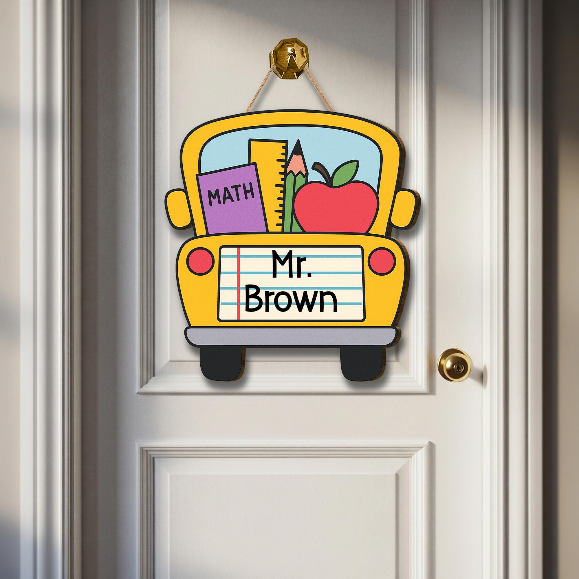 School Bus Classroom Door Sign | Custom Teacher Name Sign for Teachers, Educators | Back to School Math Decor with Apple and Supplies