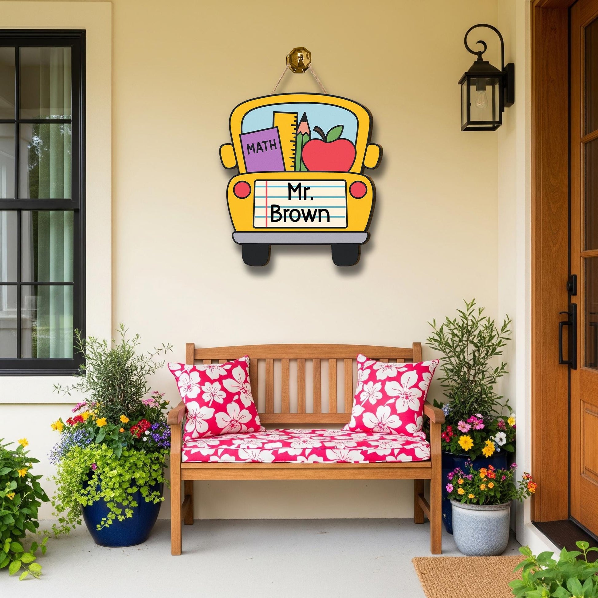 School Bus Classroom Door Sign | Custom Teacher Name Sign for Teachers, Educators | Back to School Math Decor with Apple and Supplies