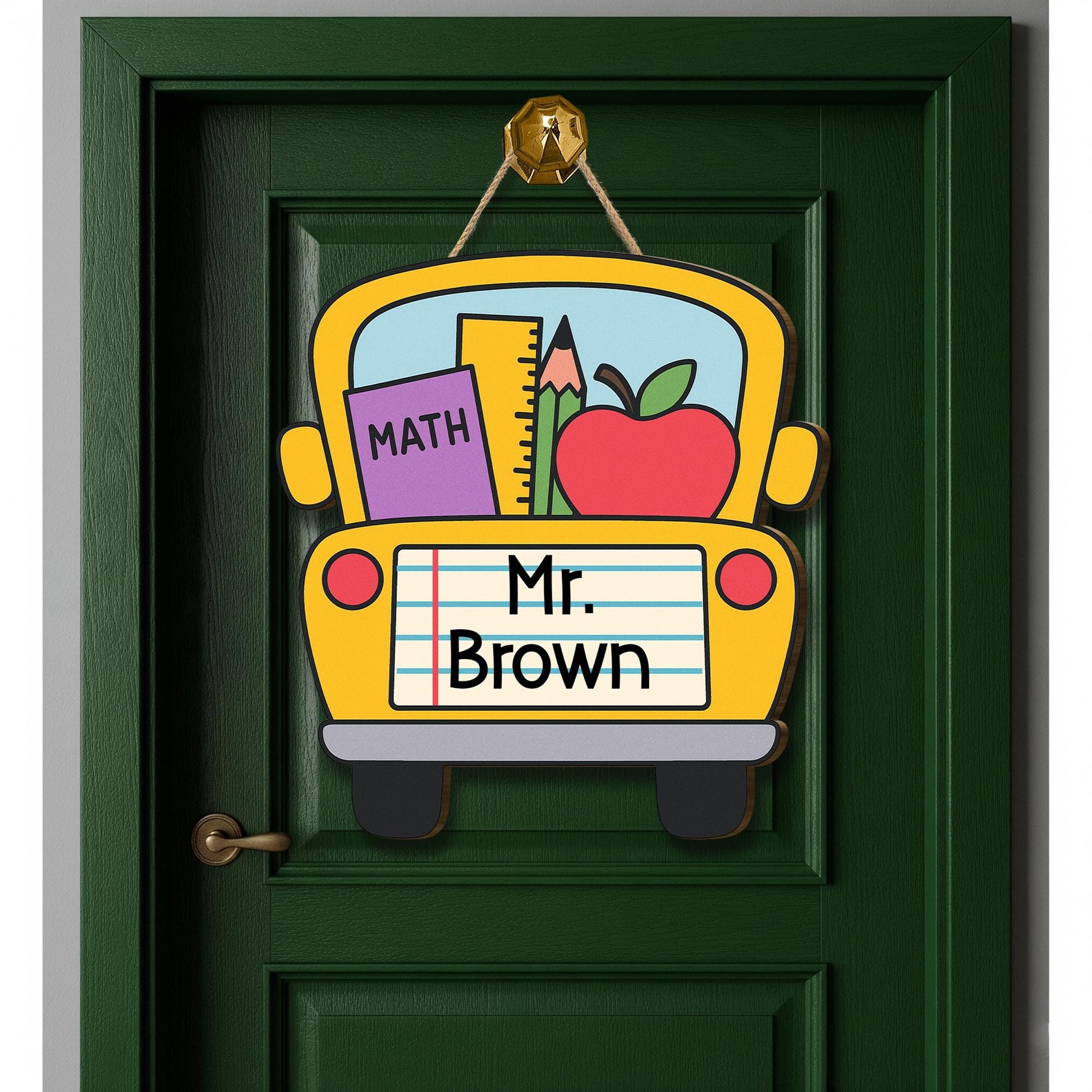 School Bus Classroom Door Sign | Custom Teacher Name Sign for Teachers, Educators | Back to School Math Decor with Apple and Supplies