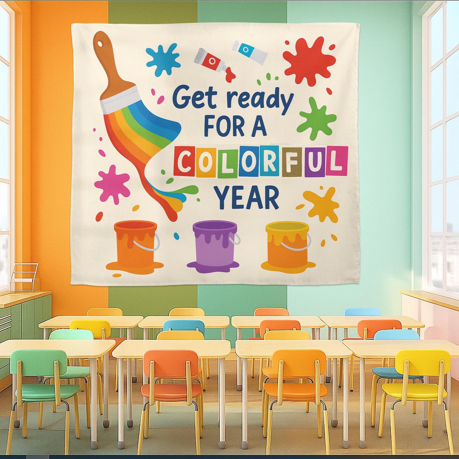 Get Ready for a Colorful Year Wall Tapestry – Back to School Classroom Decor for Teachers, Art Room Rainbow Banner Sign, Preschool Decor