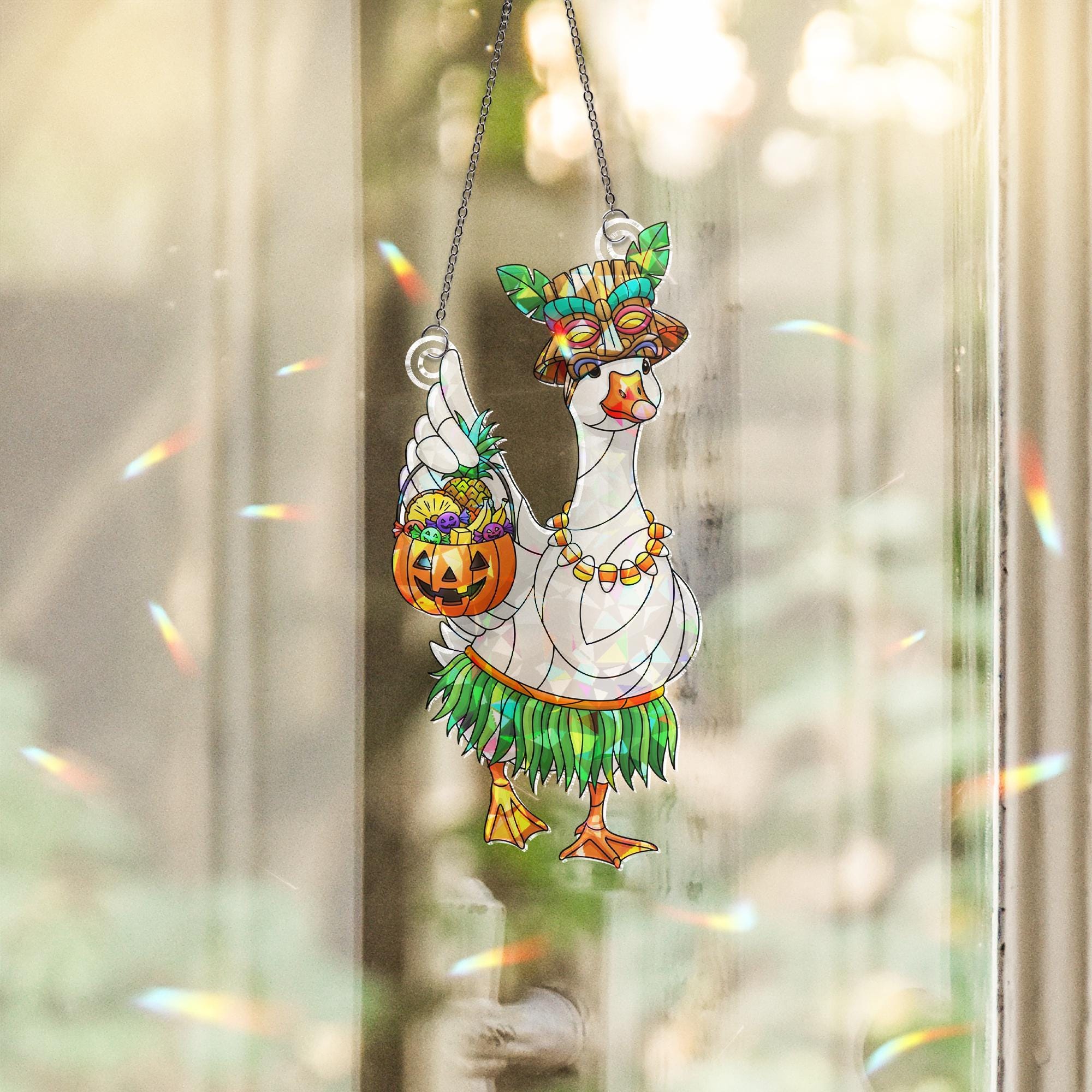 Stained Glass Halloween Goose Suncatcher, Summerween Window Decor, Tropical Goose Ornament
