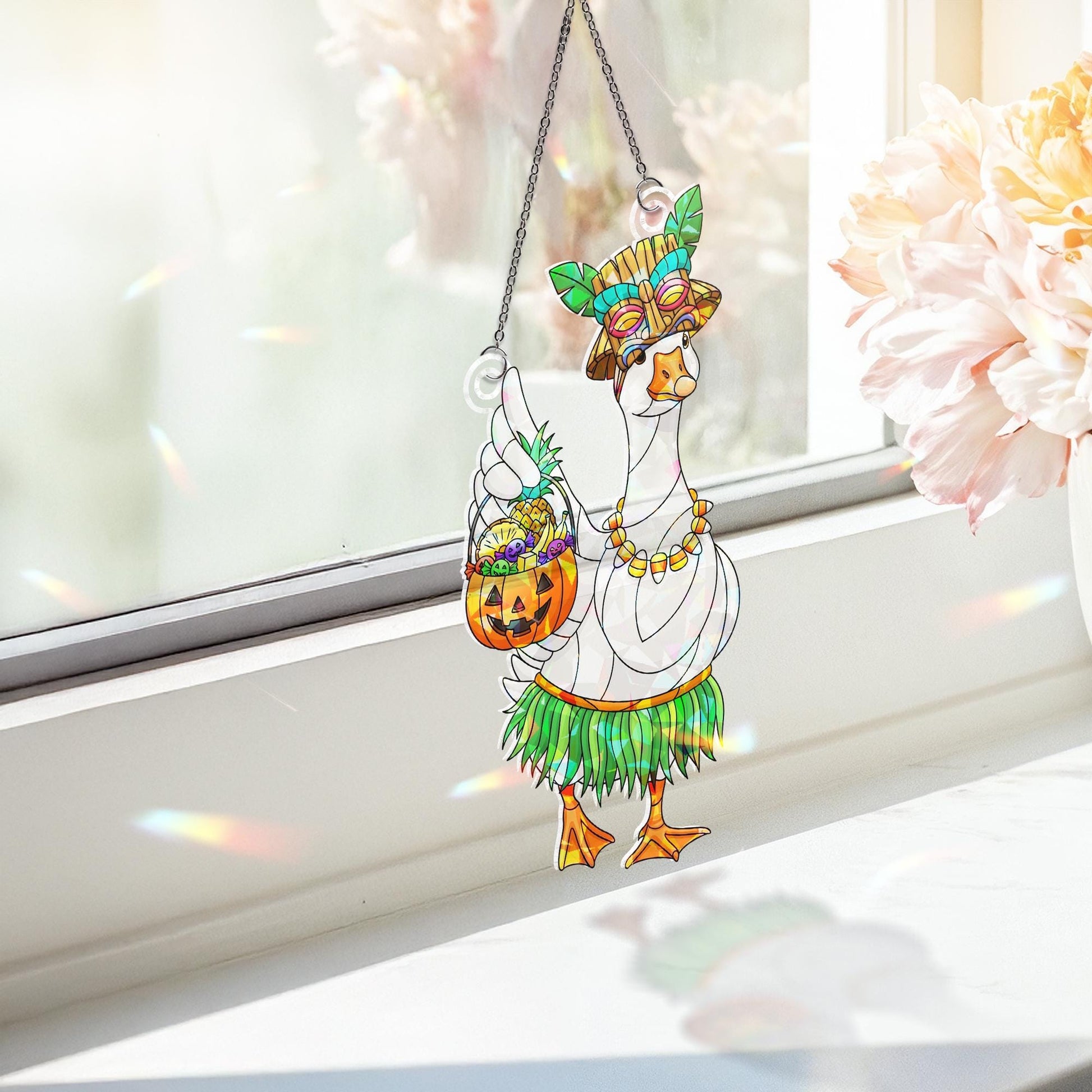 Stained Glass Halloween Goose Suncatcher, Summerween Window Decor, Tropical Goose Ornament