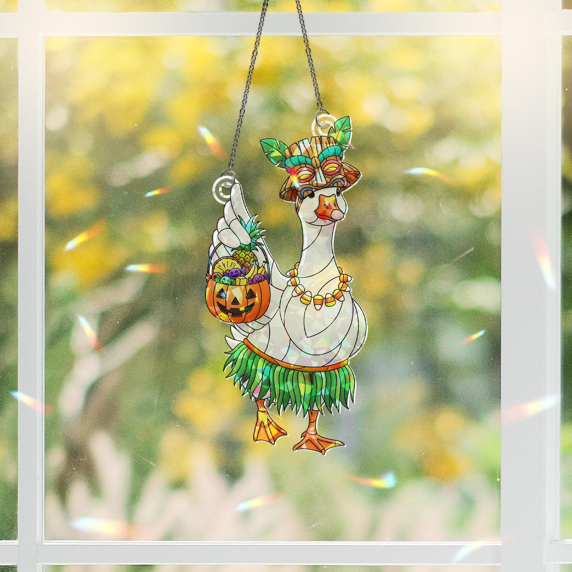 Stained Glass Halloween Goose Suncatcher, Summerween Window Decor, Tropical Goose Ornament