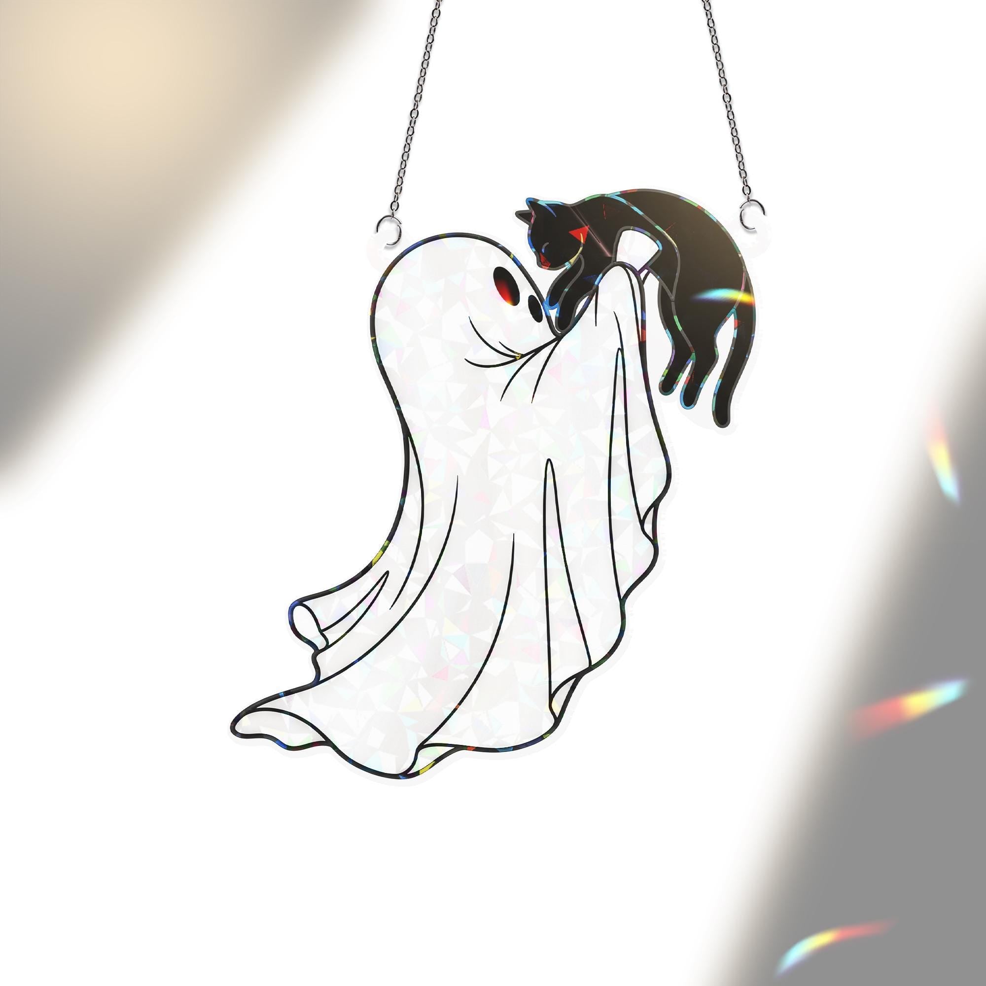 Ghost and Cat Suncatcher, Cute Halloween Window Decor, Spooky Ghost Ornament Gift