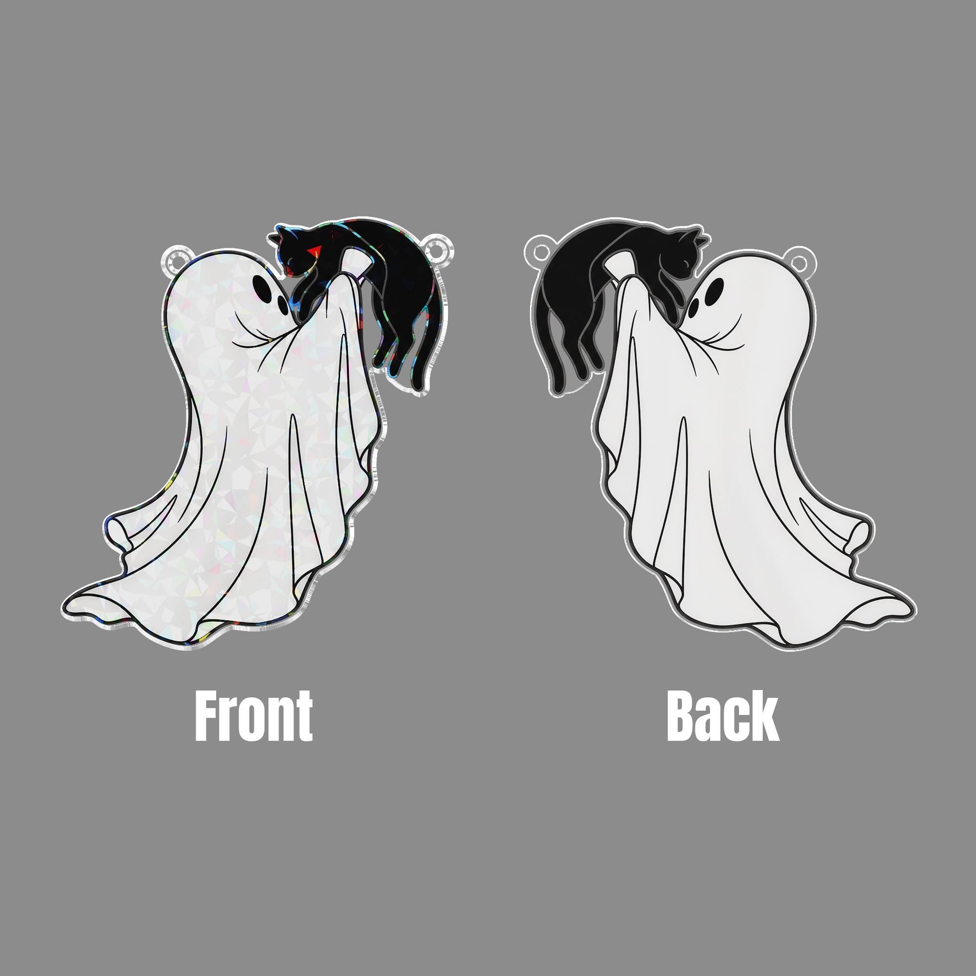 Ghost and Cat Suncatcher, Cute Halloween Window Decor, Spooky Ghost Ornament Gift
