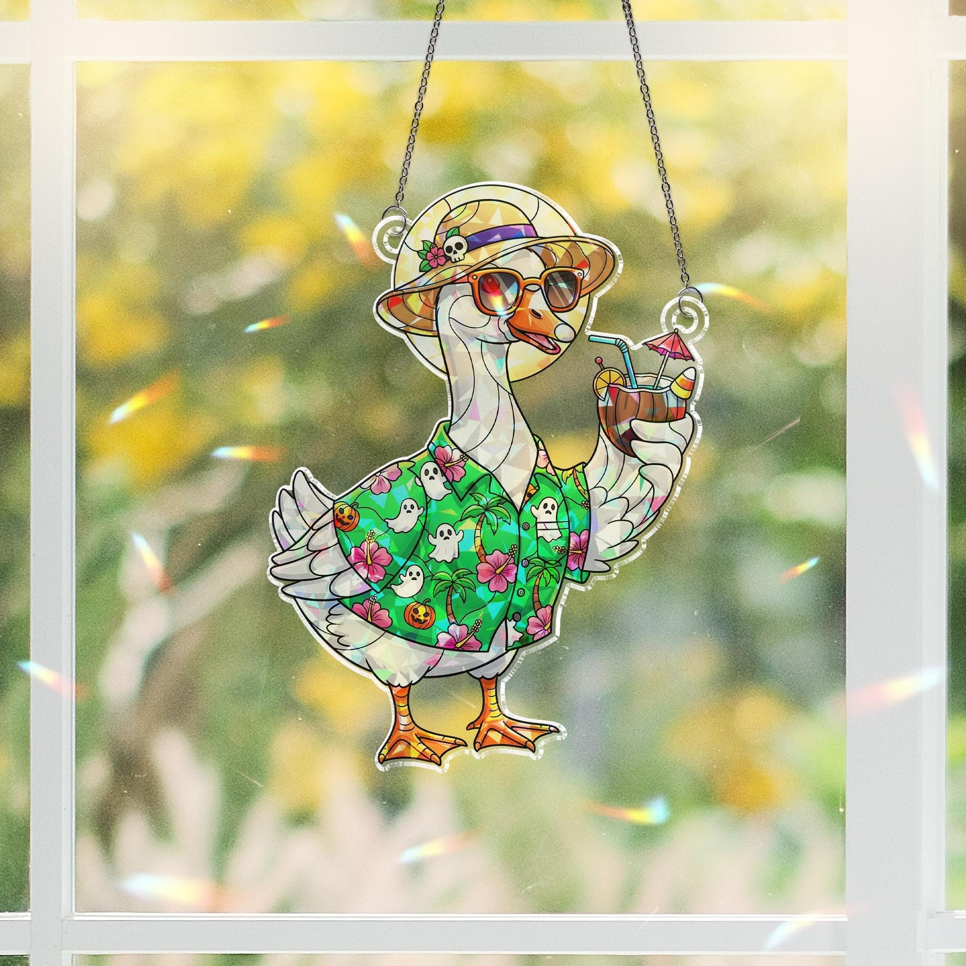 Summerween Goose Suncatcher, Halloween Vacation Window Decor, Funny Goose Ornament Gift