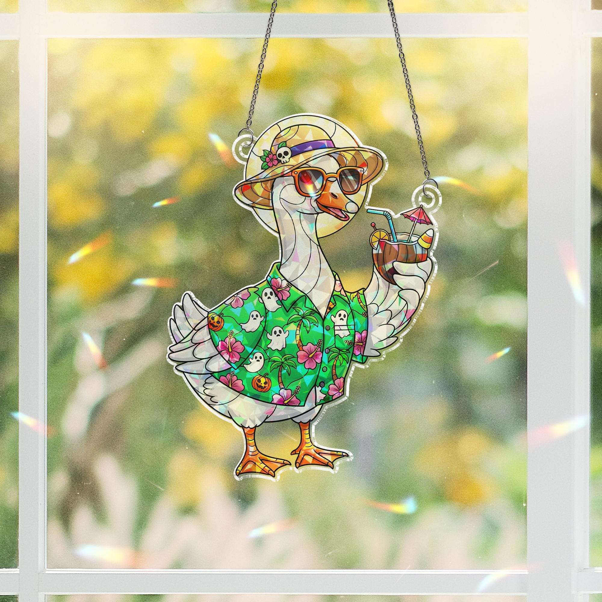 Summerween Goose Suncatcher, Halloween Vacation Window Decor, Funny Goose Ornament Gift