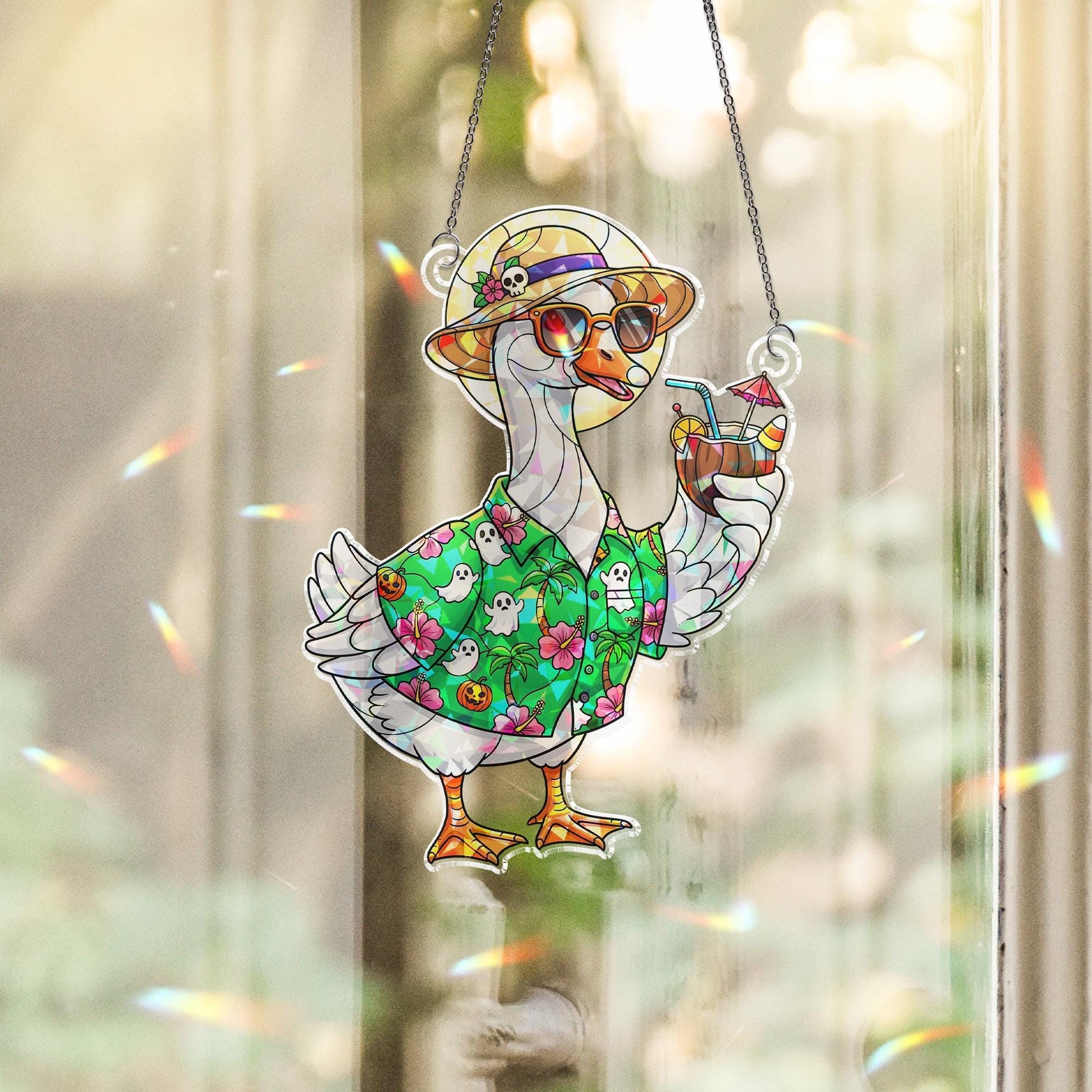 Summerween Goose Suncatcher, Halloween Vacation Window Decor, Funny Goose Ornament Gift