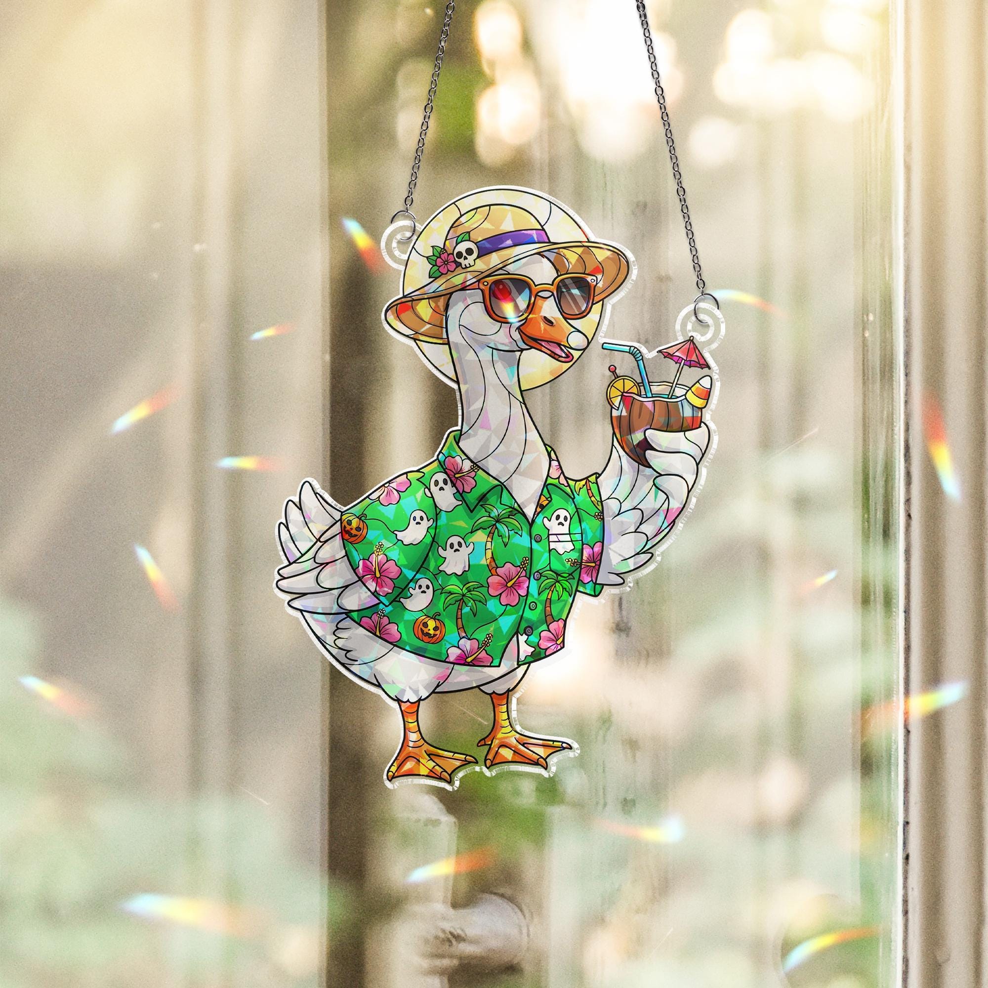 Summerween Goose Suncatcher, Halloween Vacation Window Decor, Funny Goose Ornament Gift