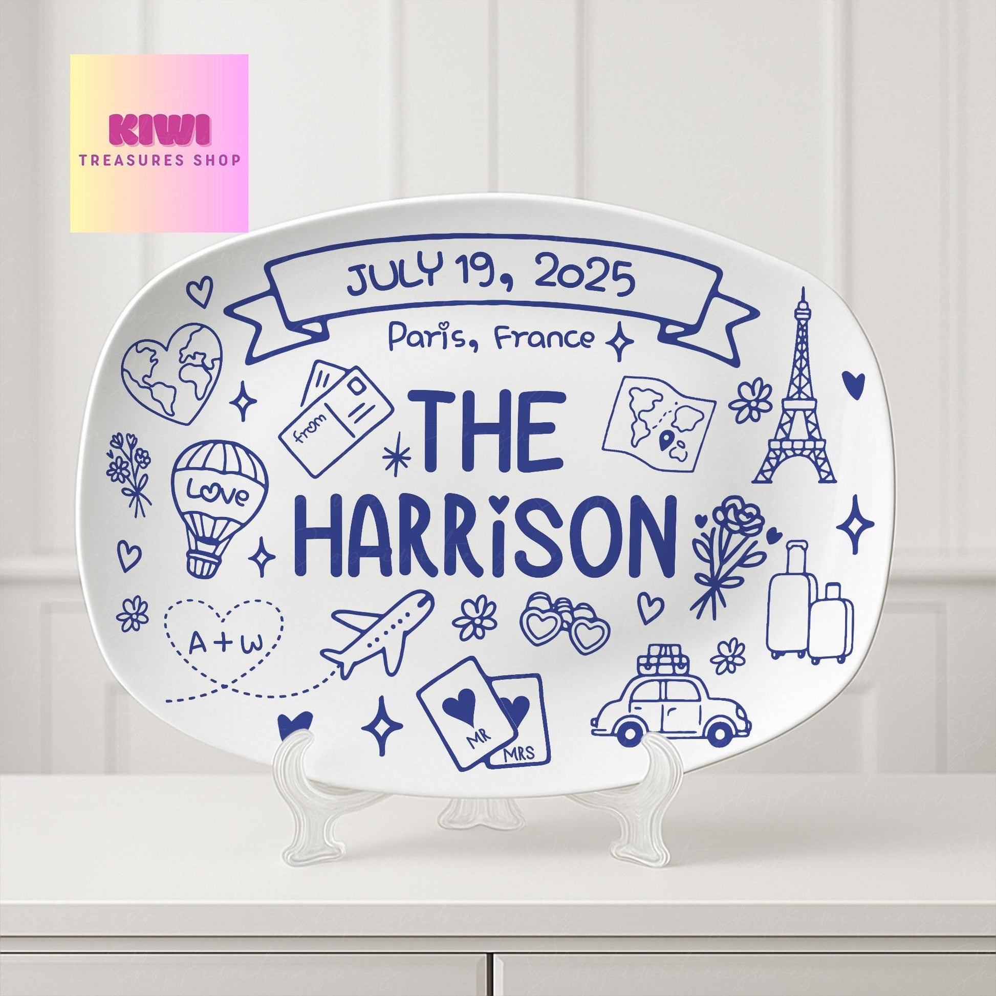 Custom Wedding Platter for Couple, Travel Themed Keepsake Plate, Honeymoon Gift, Personalized Newlywed Decor, Mr and Mrs Dish DECOR ONLY