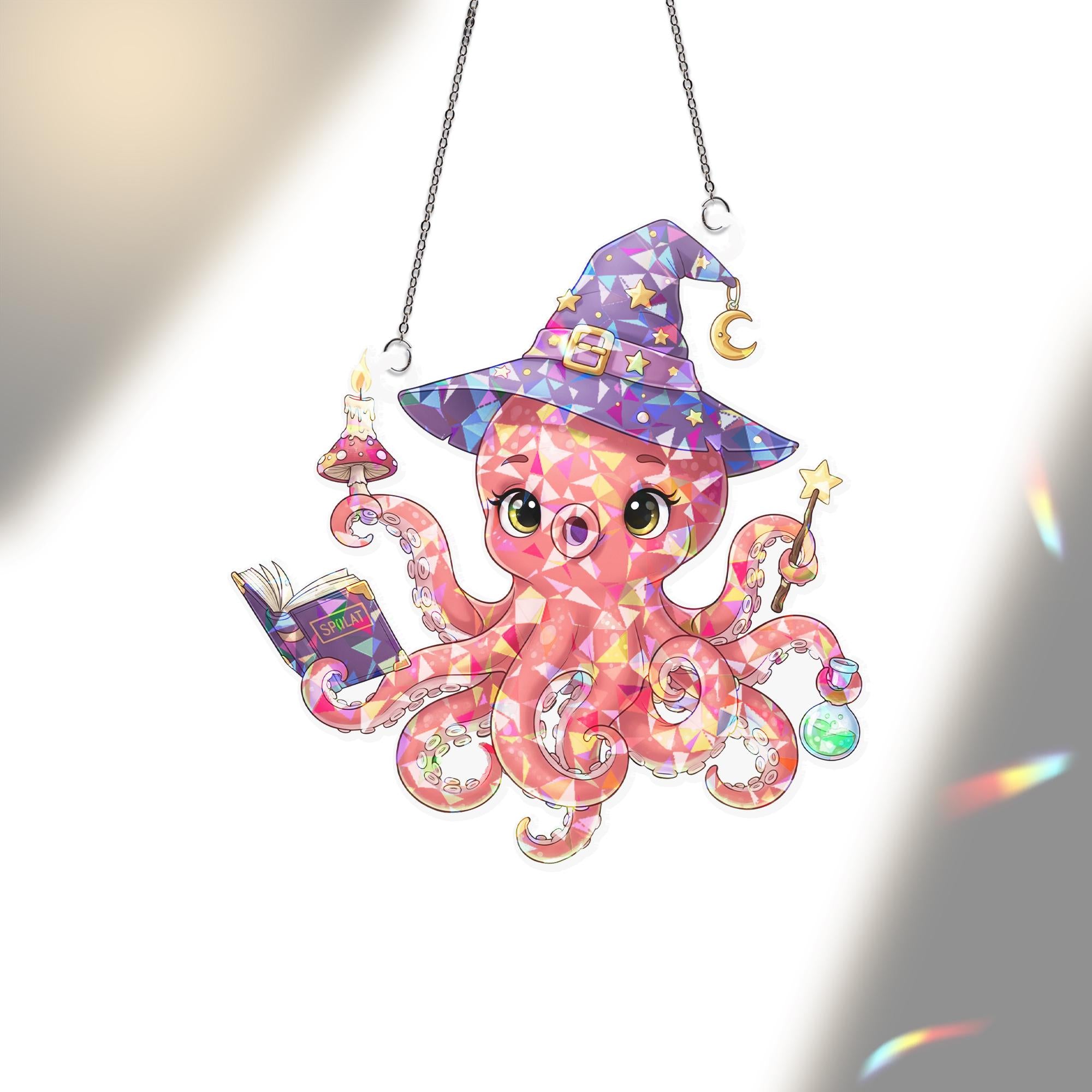 Witch Octopus Suncatcher, Cute Halloween Window Decor, Kawaii Sea Witch Ornament Gift