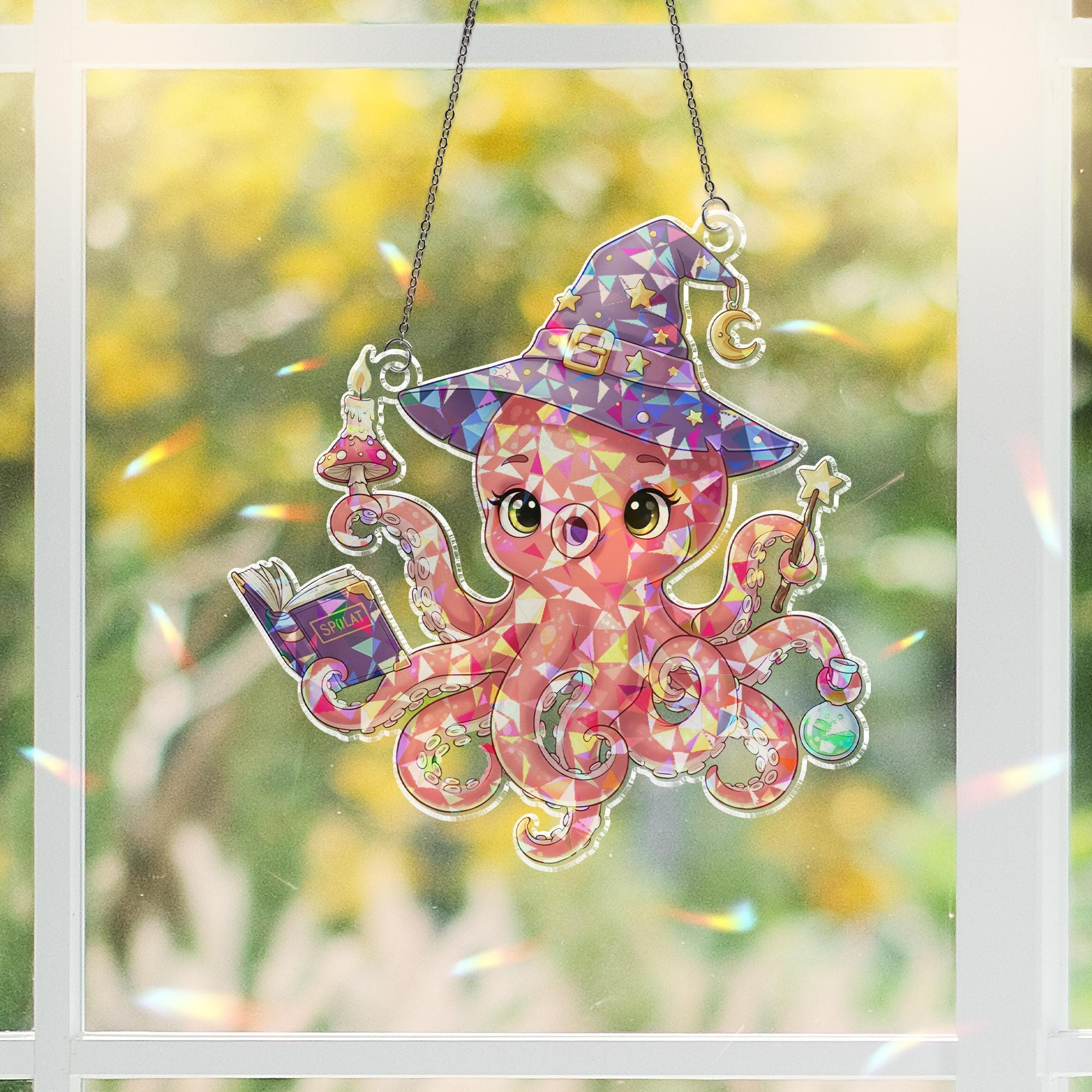 Witch Octopus Suncatcher, Cute Halloween Window Decor, Kawaii Sea Witch Ornament Gift