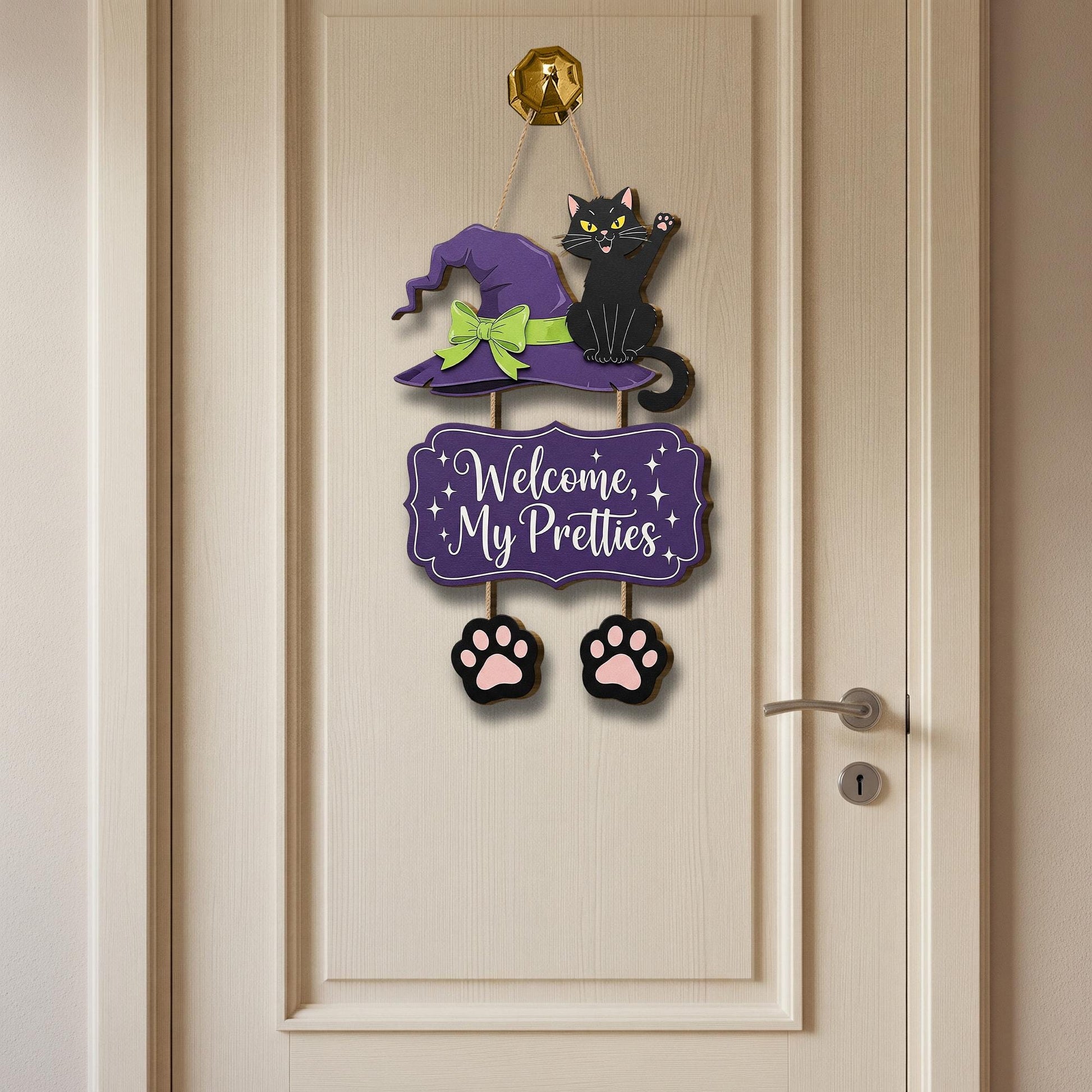 Halloween Cat Door Hanger, Welcome My Pretties Sign, Witch Hat Front Door Decor