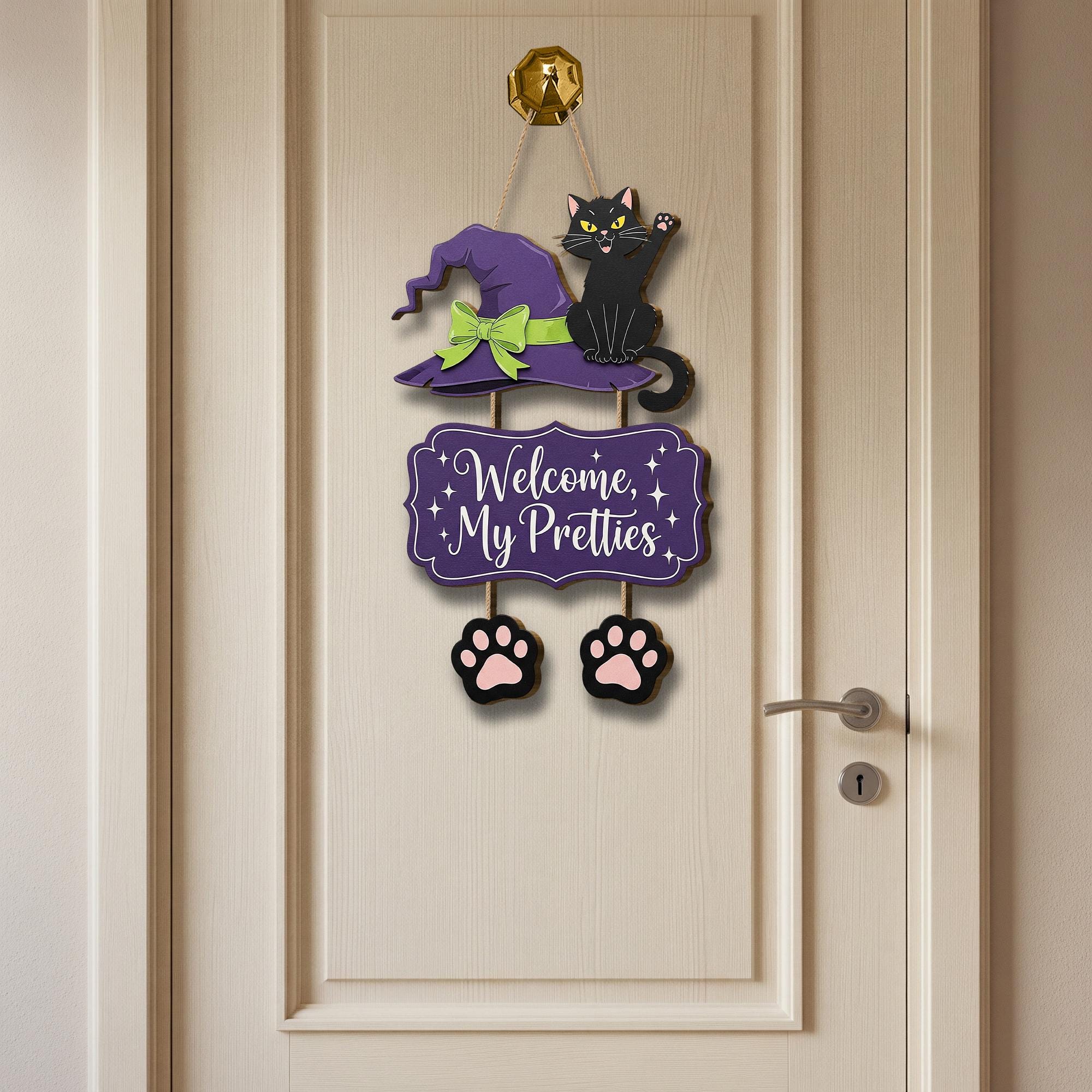 Halloween Cat Door Hanger, Welcome My Pretties Sign, Witch Hat Front Door Decor