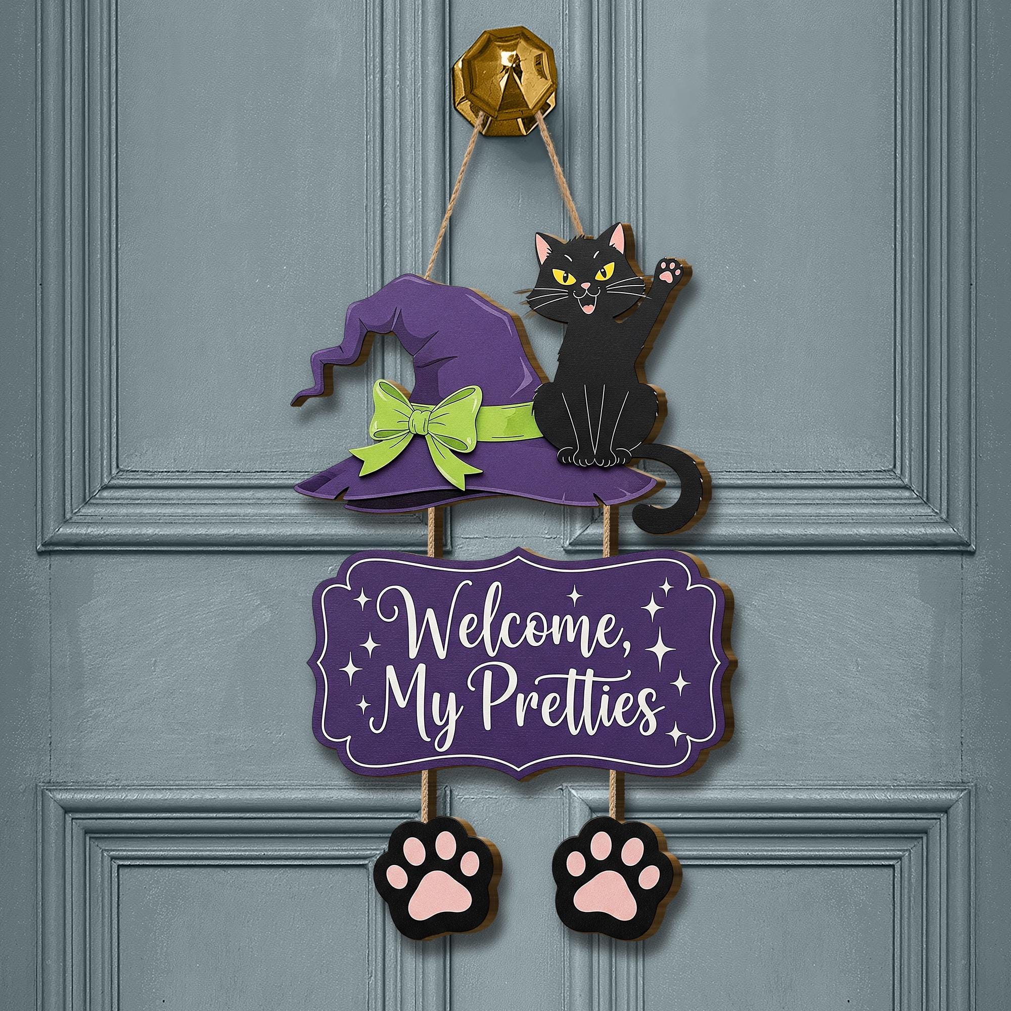 Halloween Cat Door Hanger, Welcome My Pretties Sign, Witch Hat Front Door Decor