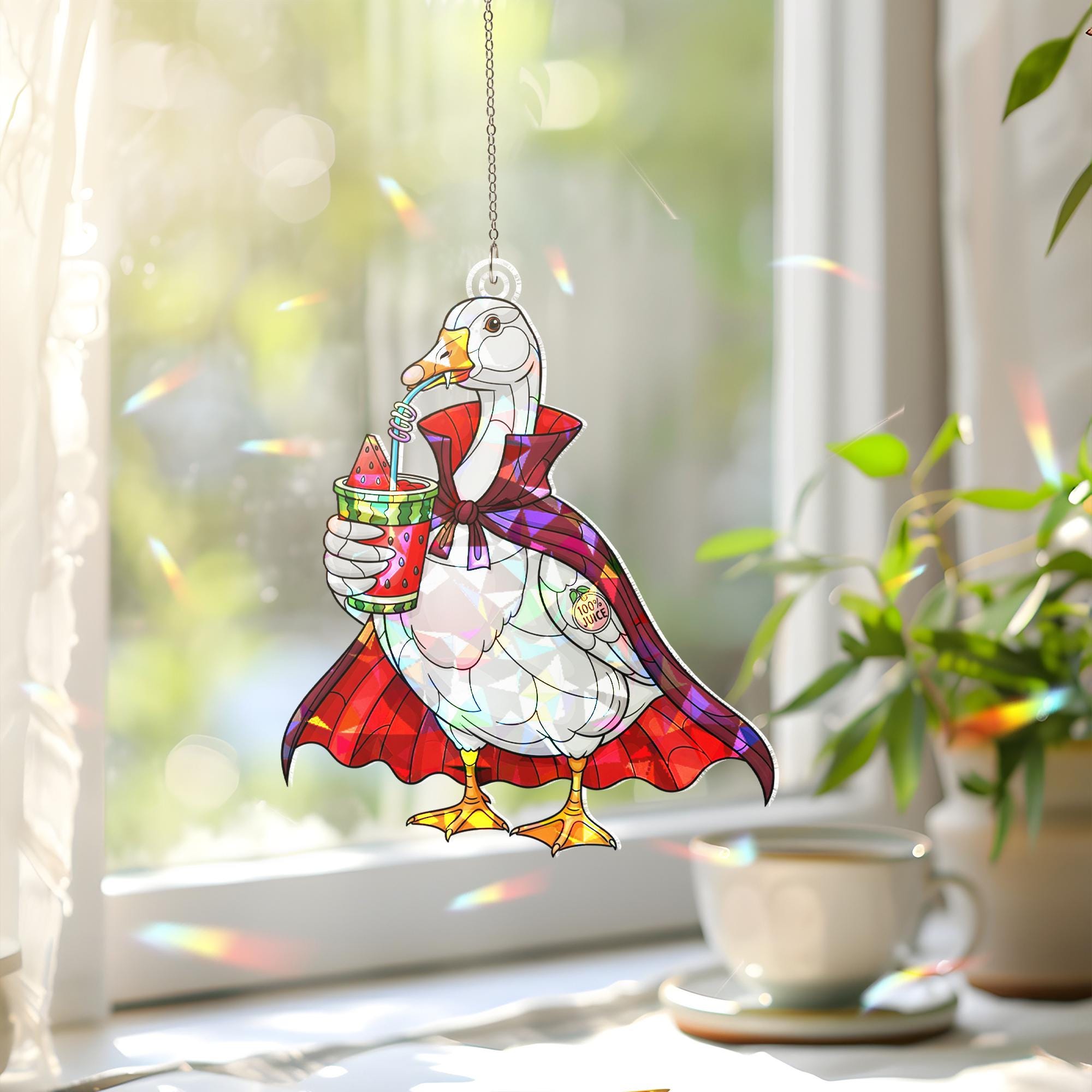 Funny Vampire Goose Suncatcher, Summerween Window Decor, Stained Glass Goose Ornament, Halloween Duck Gift Idea