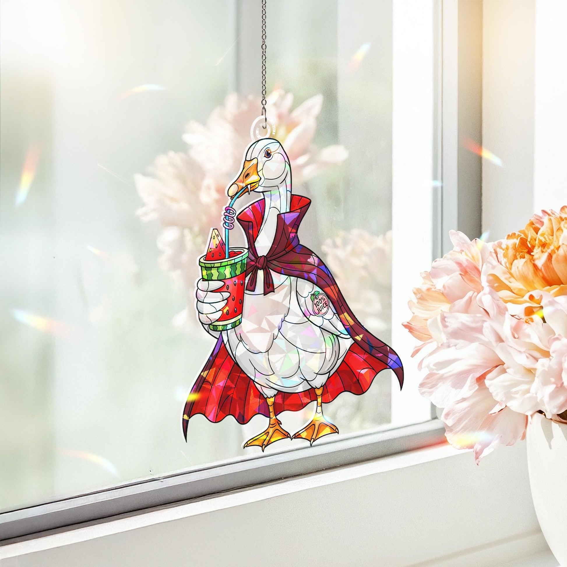 Funny Vampire Goose Suncatcher, Summerween Window Decor, Stained Glass Goose Ornament, Halloween Duck Gift Idea