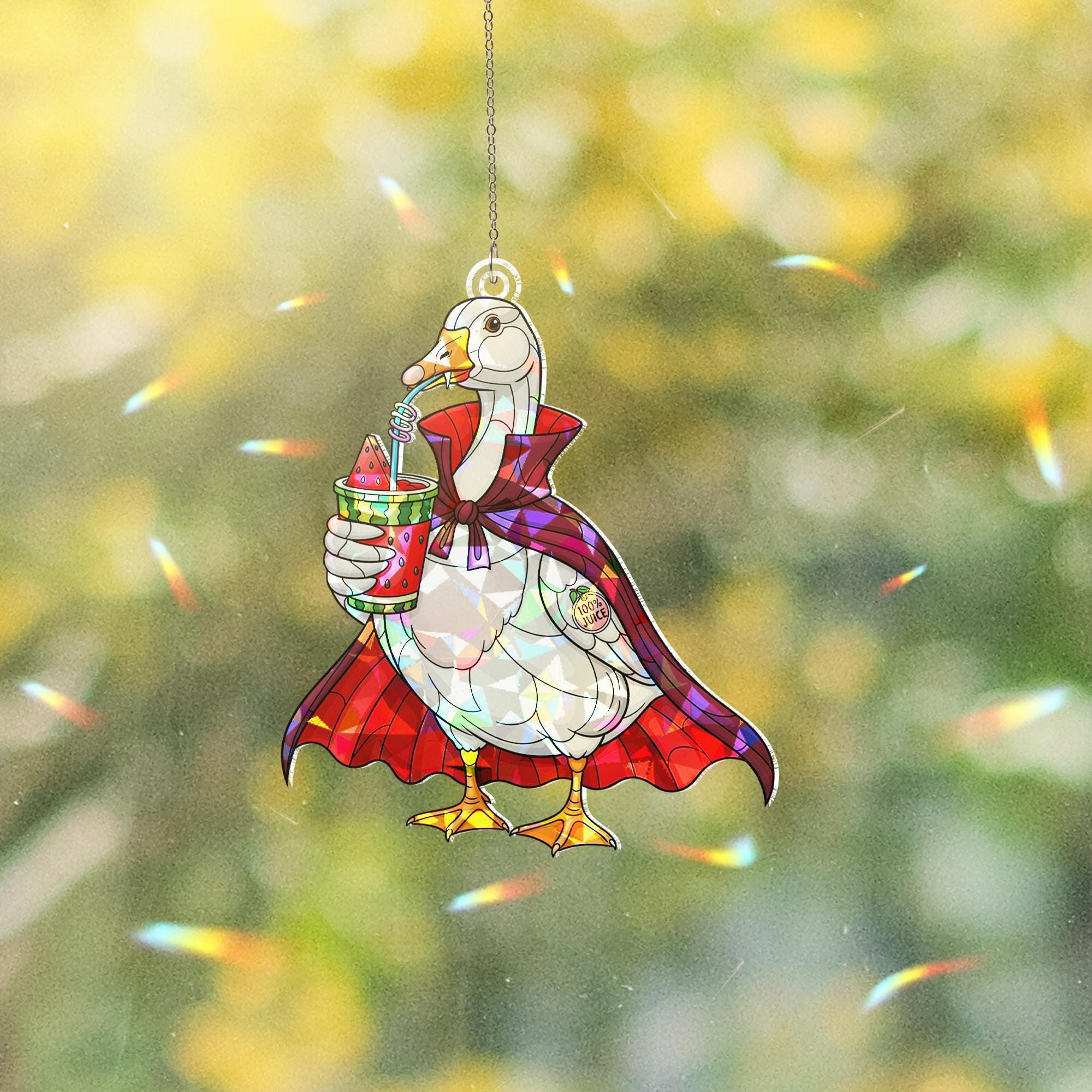 Funny Vampire Goose Suncatcher, Summerween Window Decor, Stained Glass Goose Ornament, Halloween Duck Gift Idea