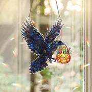 Halloween Raven Suncatcher, Stained Glass Window Hanging, Gothic Crow with Candy Bucket, Spooky Fall Decor