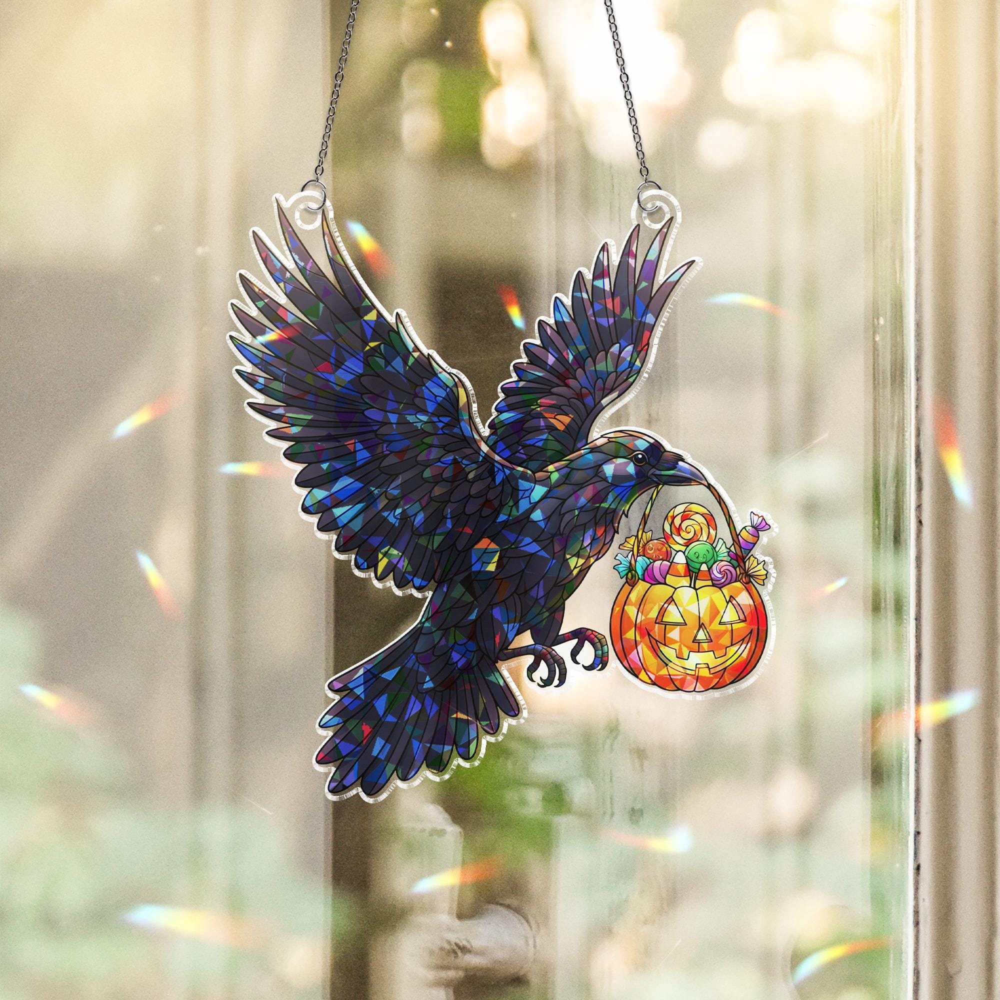 Halloween Raven Suncatcher, Stained Glass Window Hanging, Gothic Crow with Candy Bucket, Spooky Fall Decor