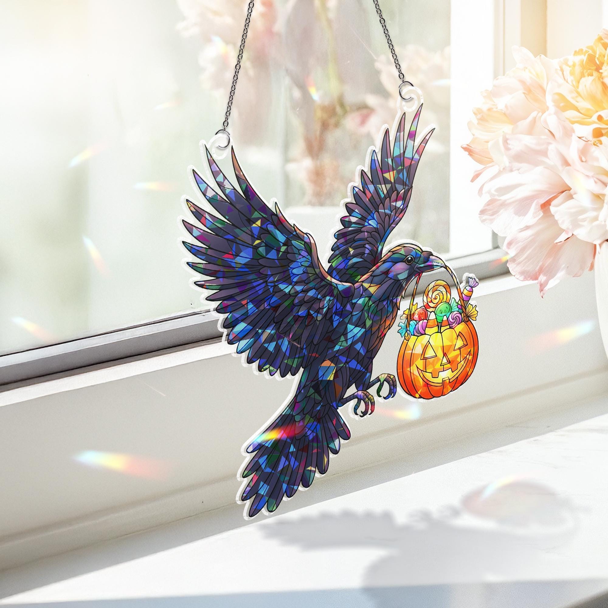 Halloween Raven Suncatcher, Stained Glass Window Hanging, Gothic Crow with Candy Bucket, Spooky Fall Decor