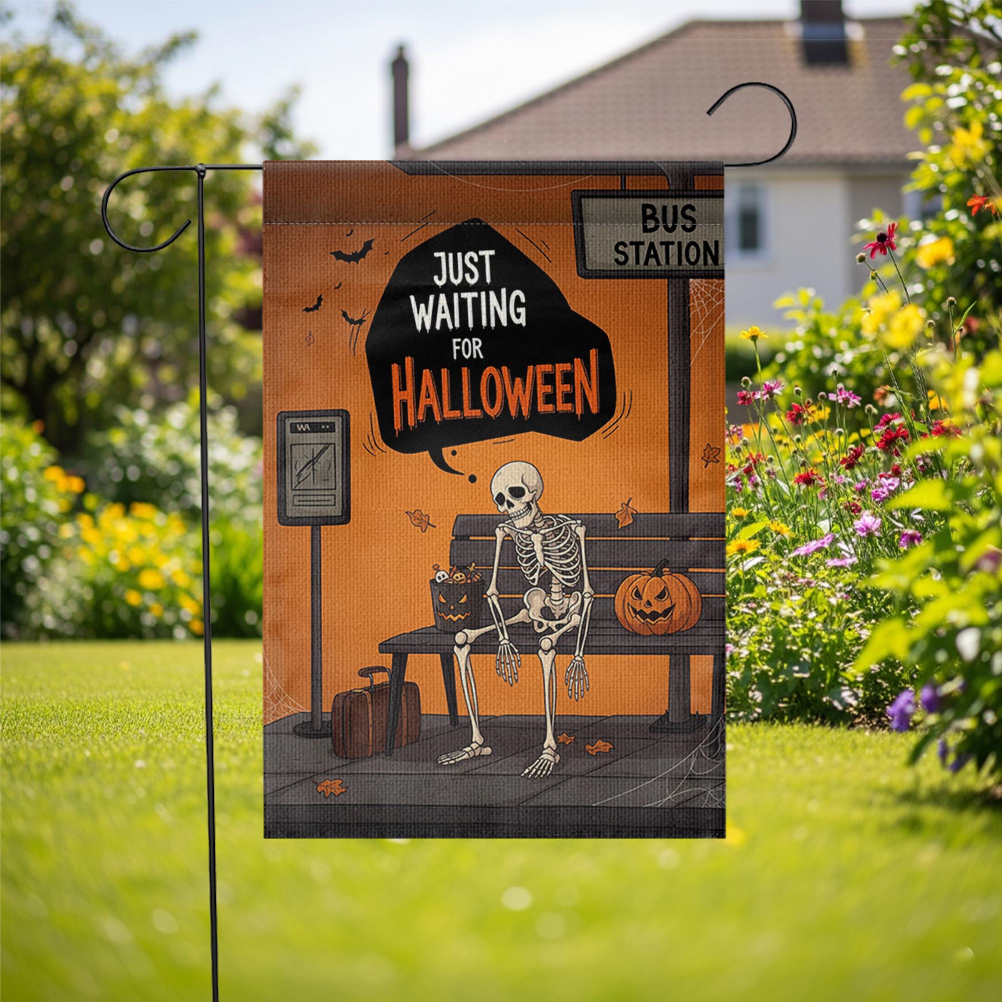 Funny Halloween Skeleton Garden Flag, Waiting for Halloween Yard Decor, Spooky Outdoor Flag for Fall Porch or Lawn