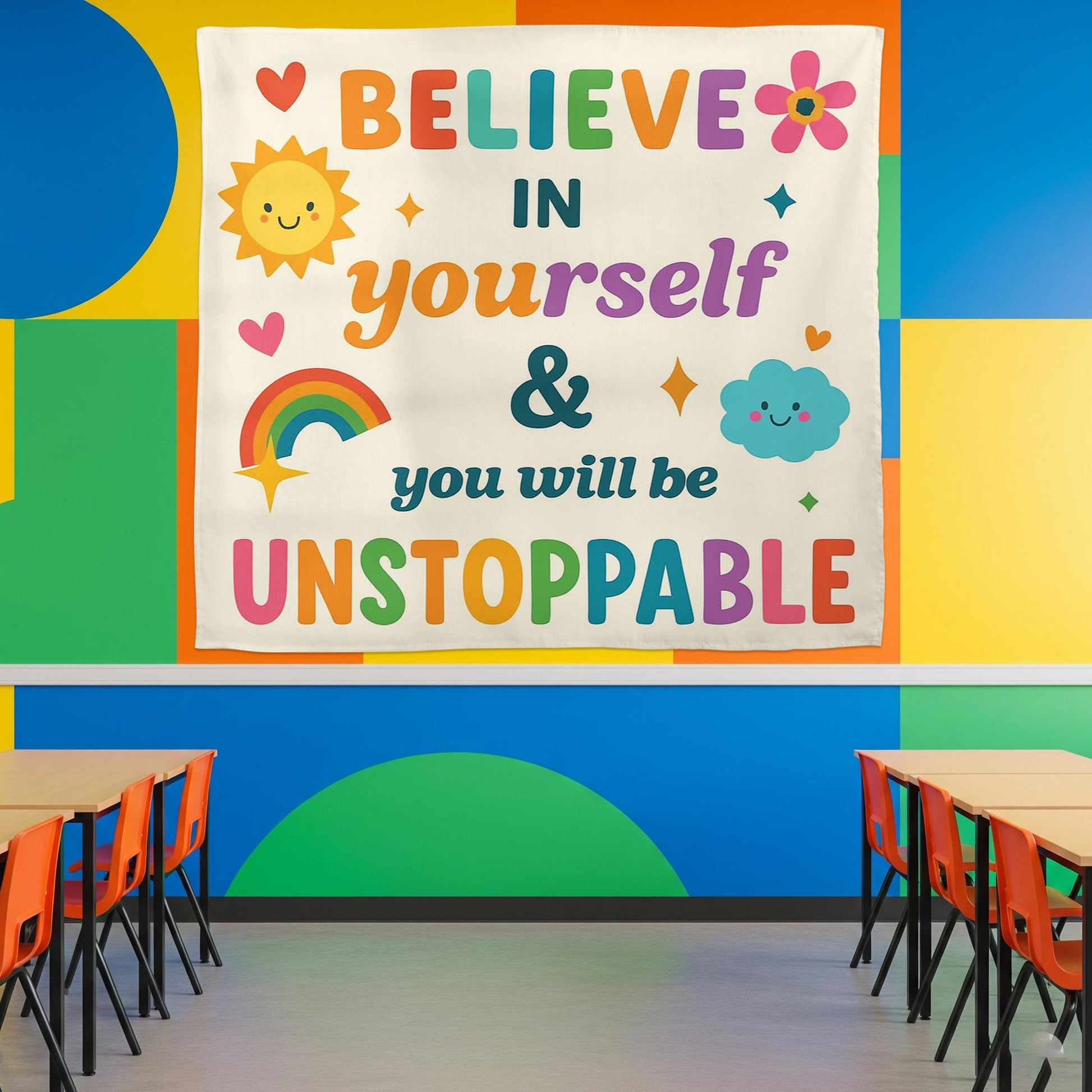 Believe in Yourself Classroom Wall Tapestry, Motivational Quote Banner, Unstoppable Kid Room, Teacher Decor, Positive Poster, Back To School