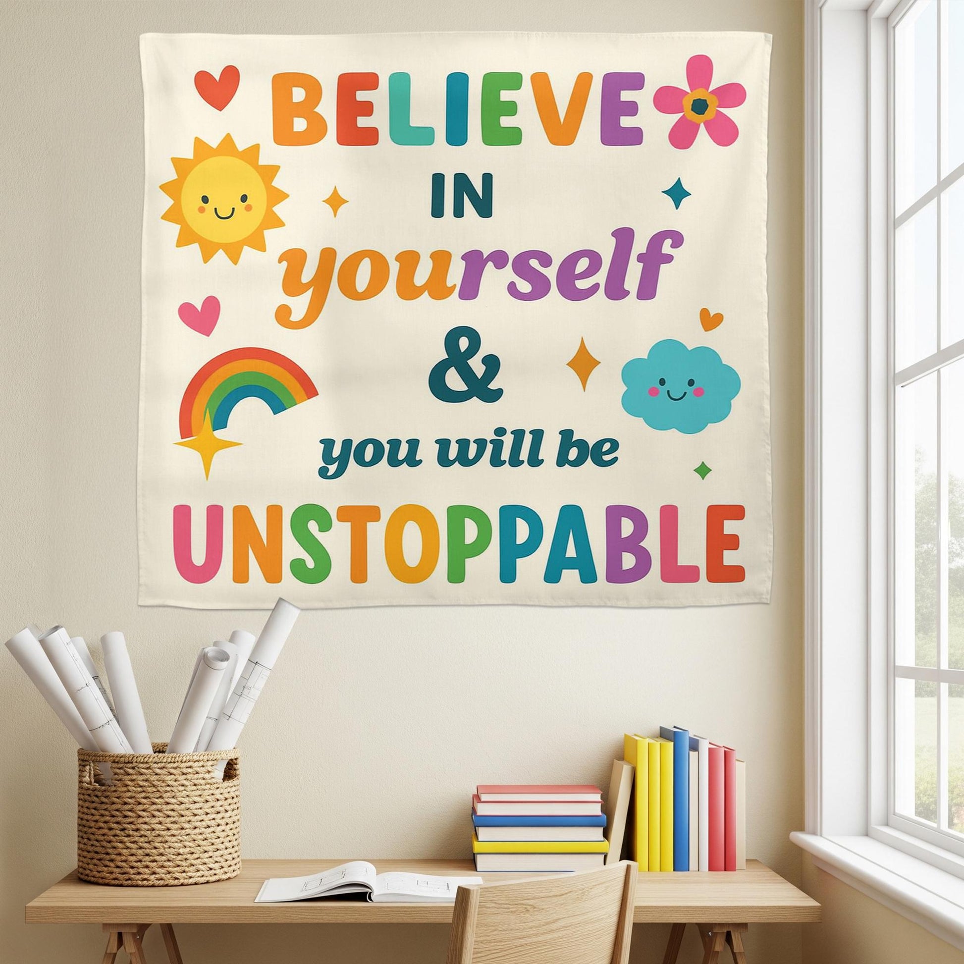 Believe in Yourself Classroom Wall Tapestry, Motivational Quote Banner, Unstoppable Kid Room, Teacher Decor, Positive Poster, Back To School