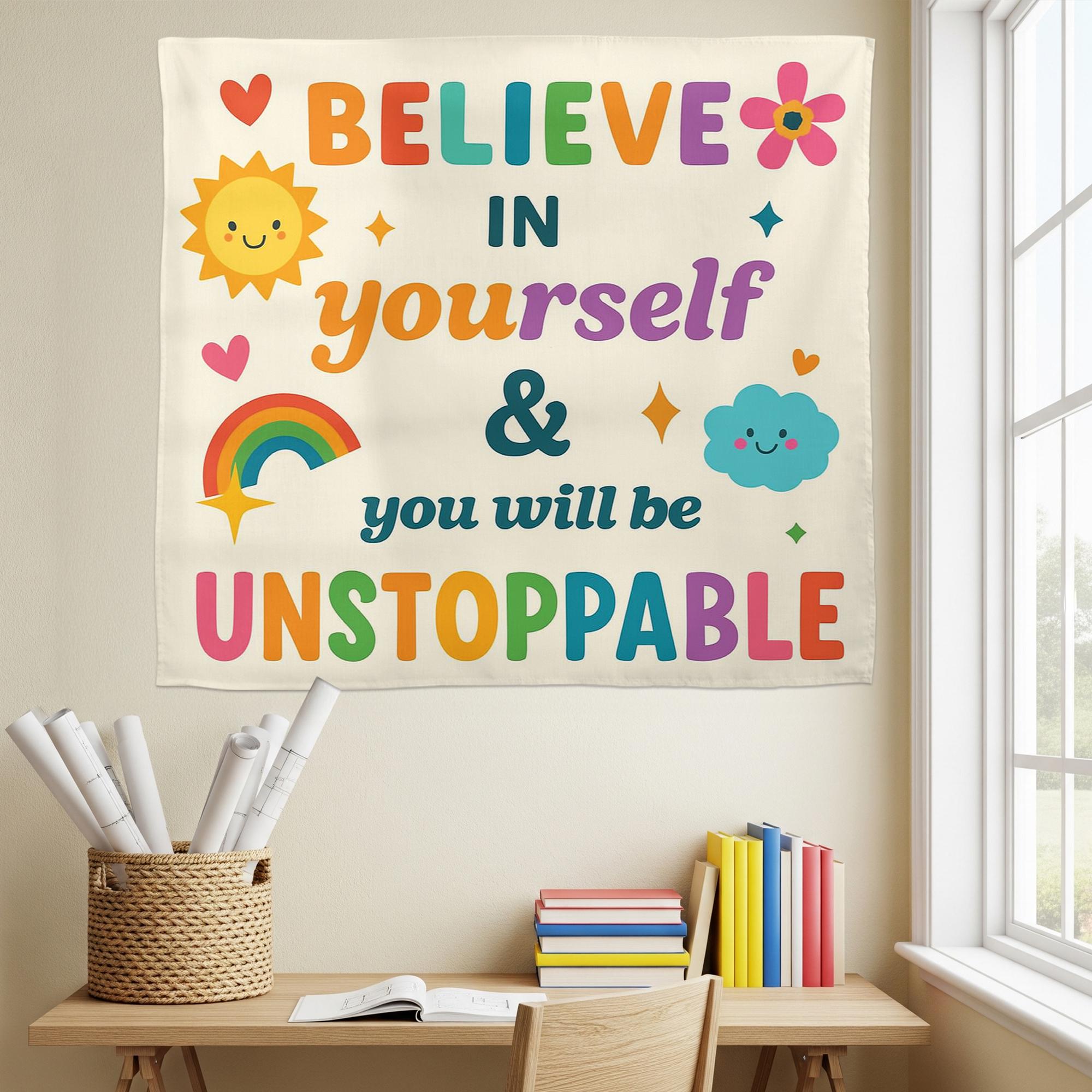 Believe in Yourself Classroom Wall Tapestry, Motivational Quote Banner, Unstoppable Kid Room, Teacher Decor, Positive Poster, Back To School