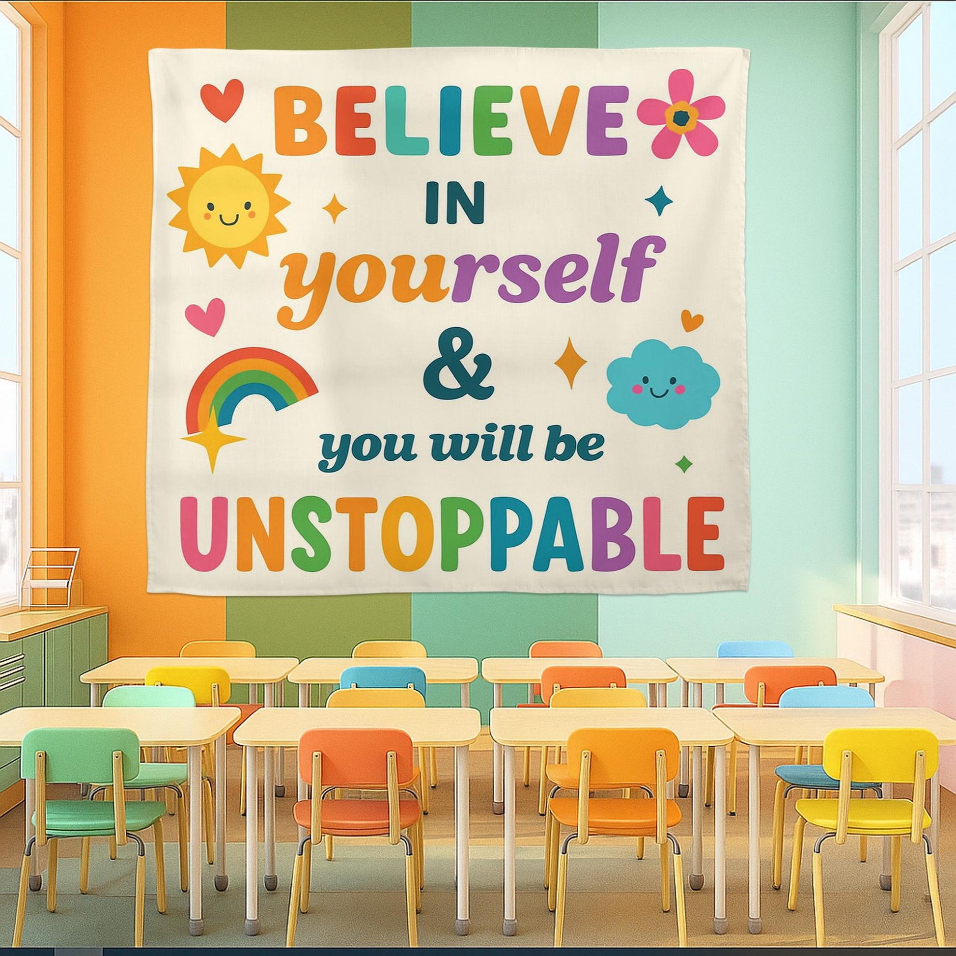 Believe in Yourself Classroom Wall Tapestry, Motivational Quote Banner, Unstoppable Kid Room, Teacher Decor, Positive Poster, Back To School