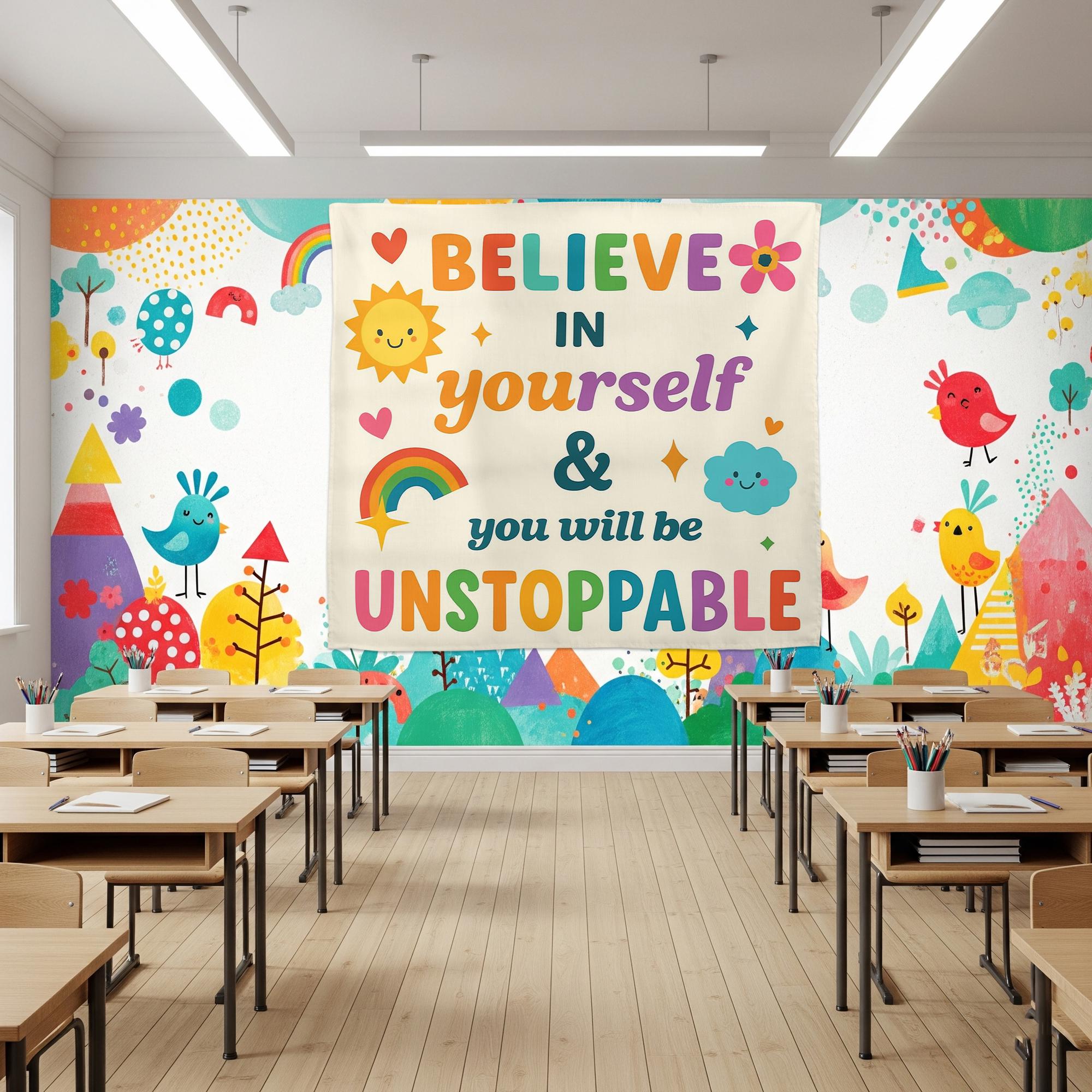 Believe in Yourself Classroom Wall Tapestry, Motivational Quote Banner, Unstoppable Kid Room, Teacher Decor, Positive Poster, Back To School