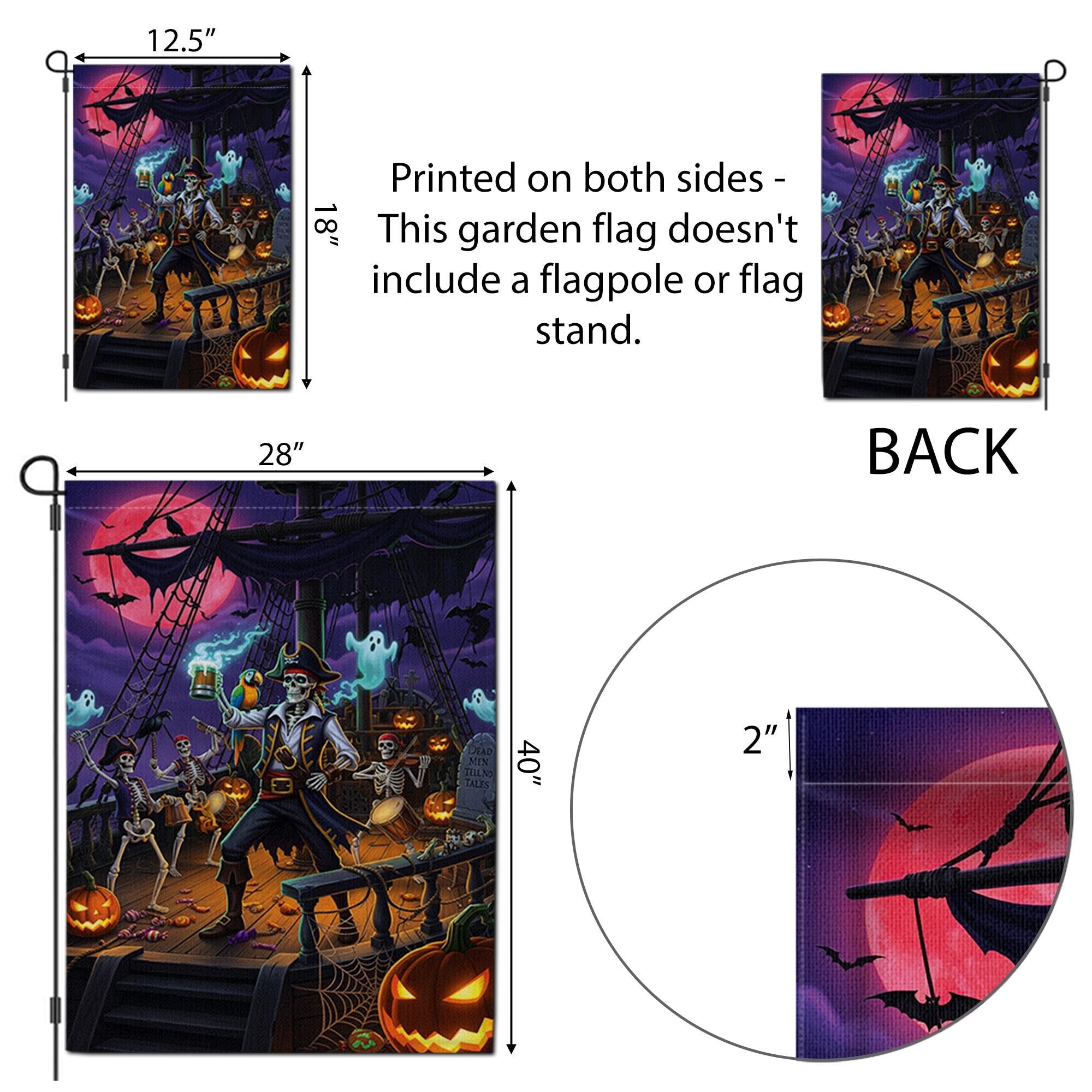Pirate Skeleton Halloween Garden Flag, Spooky Pirate Ship Yard Decor, Ghost Pumpkin Outdoor Fall Flag for Lawn or Porch