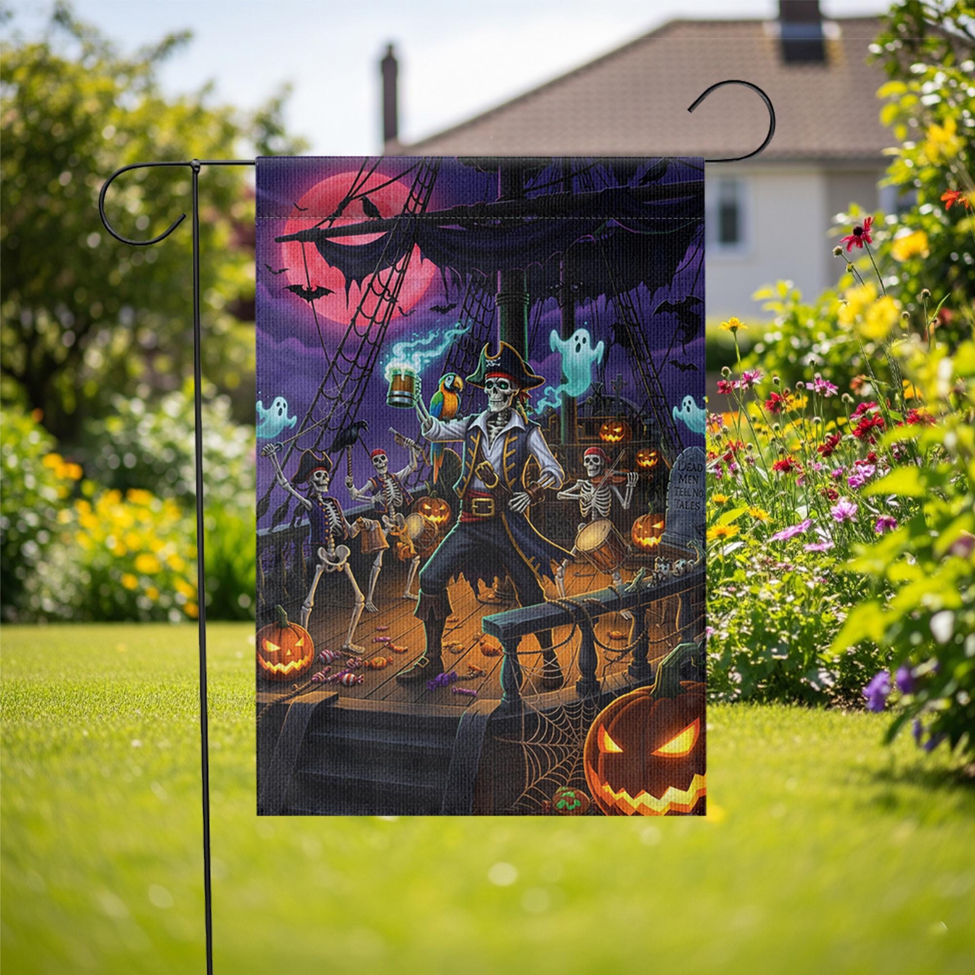 Pirate Skeleton Halloween Garden Flag, Spooky Pirate Ship Yard Decor, Ghost Pumpkin Outdoor Fall Flag for Lawn or Porch