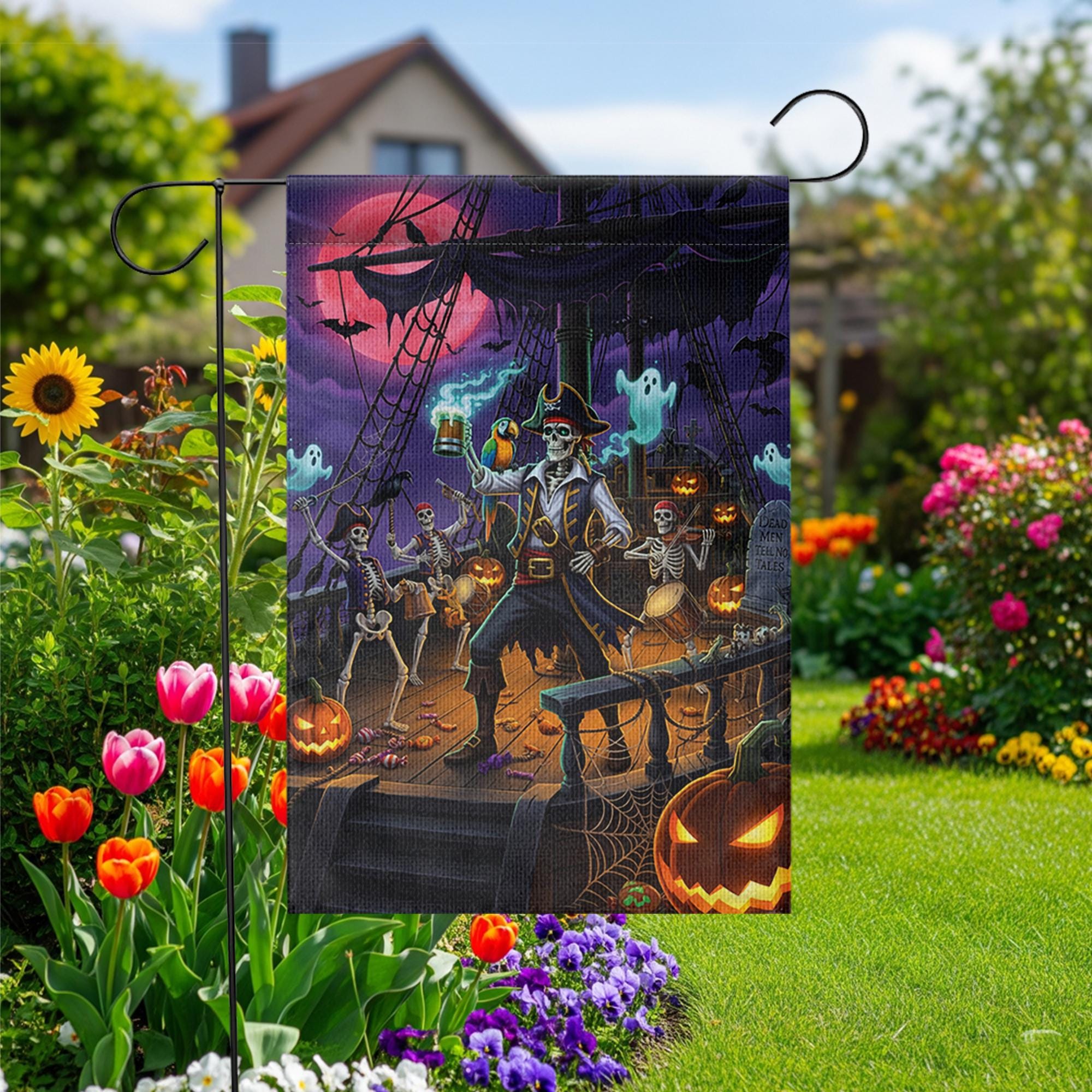 Pirate Skeleton Halloween Garden Flag, Spooky Pirate Ship Yard Decor, Ghost Pumpkin Outdoor Fall Flag for Lawn or Porch