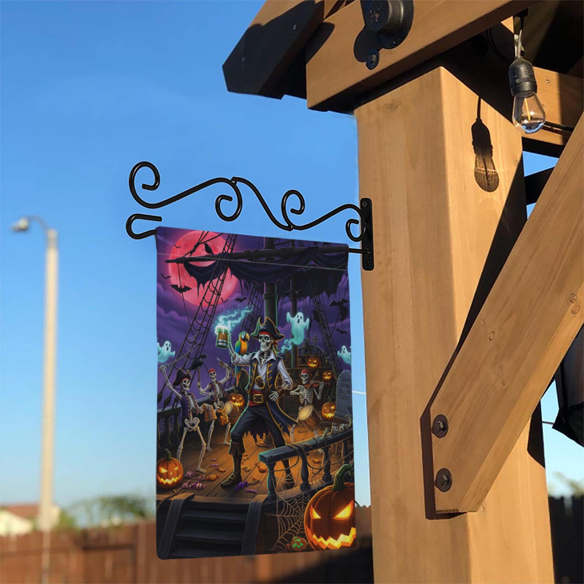 Pirate Skeleton Halloween Garden Flag, Spooky Pirate Ship Yard Decor, Ghost Pumpkin Outdoor Fall Flag for Lawn or Porch