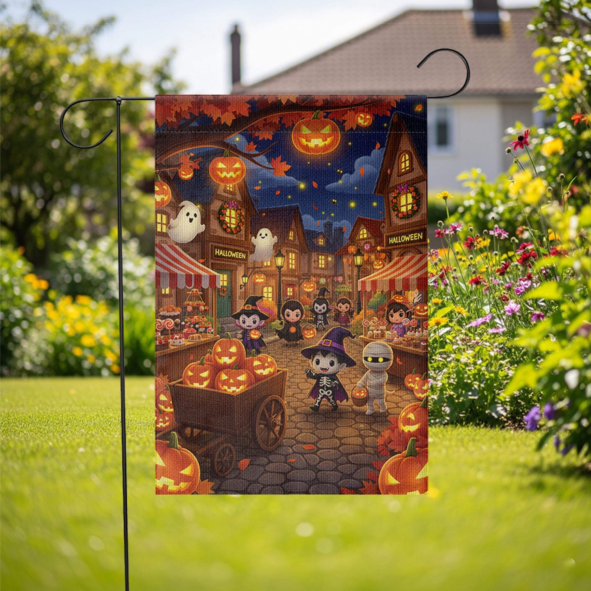 Cute Halloween Garden Flag, Trick or Treat Town Yard Decor, Spooky Kids Pumpkin Night Market Outdoor Fall Flag