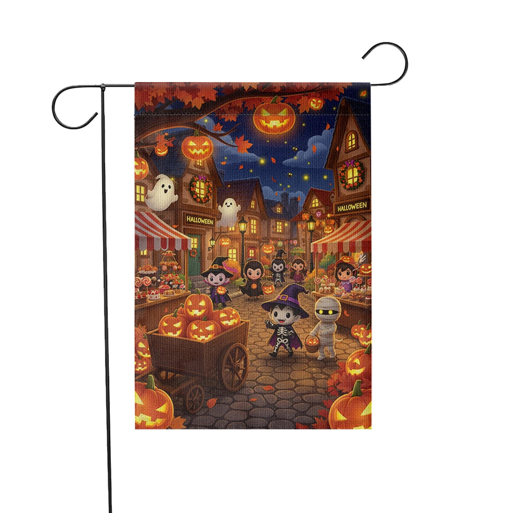 Cute Halloween Garden Flag, Trick or Treat Town Yard Decor, Spooky Kids Pumpkin Night Market Outdoor Fall Flag