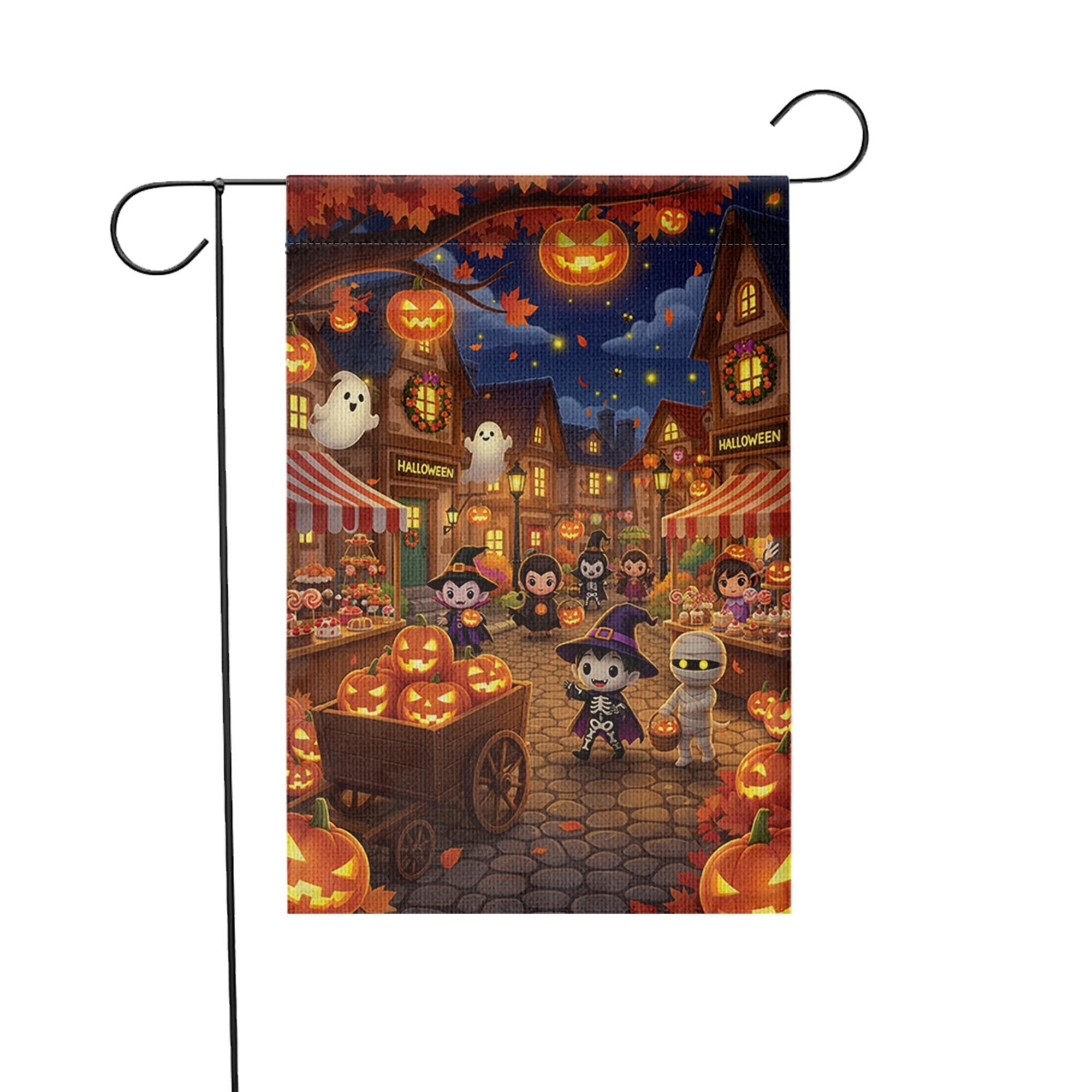 Cute Halloween Garden Flag, Trick or Treat Town Yard Decor, Spooky Kids Pumpkin Night Market Outdoor Fall Flag
