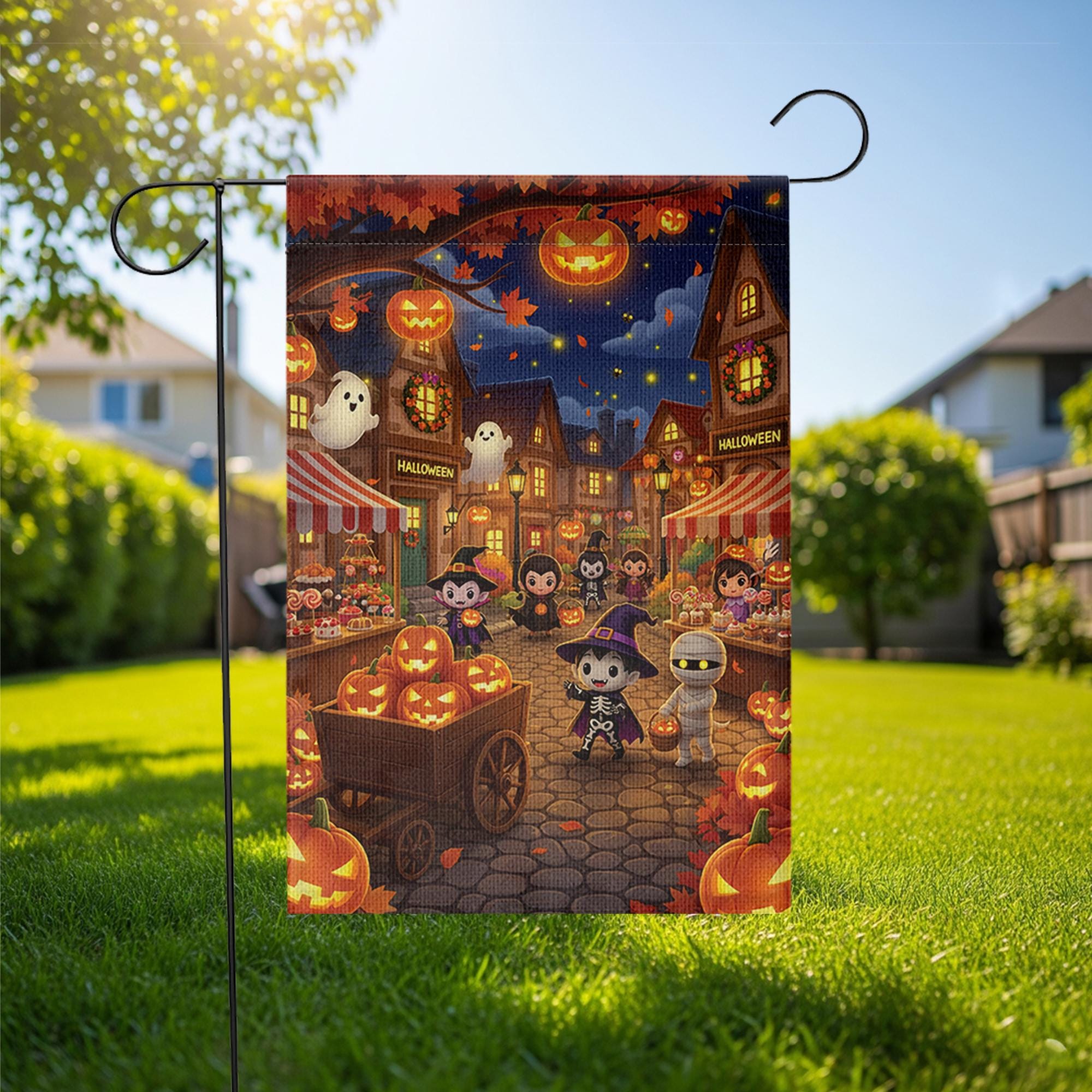 Cute Halloween Garden Flag, Trick or Treat Town Yard Decor, Spooky Kids Pumpkin Night Market Outdoor Fall Flag
